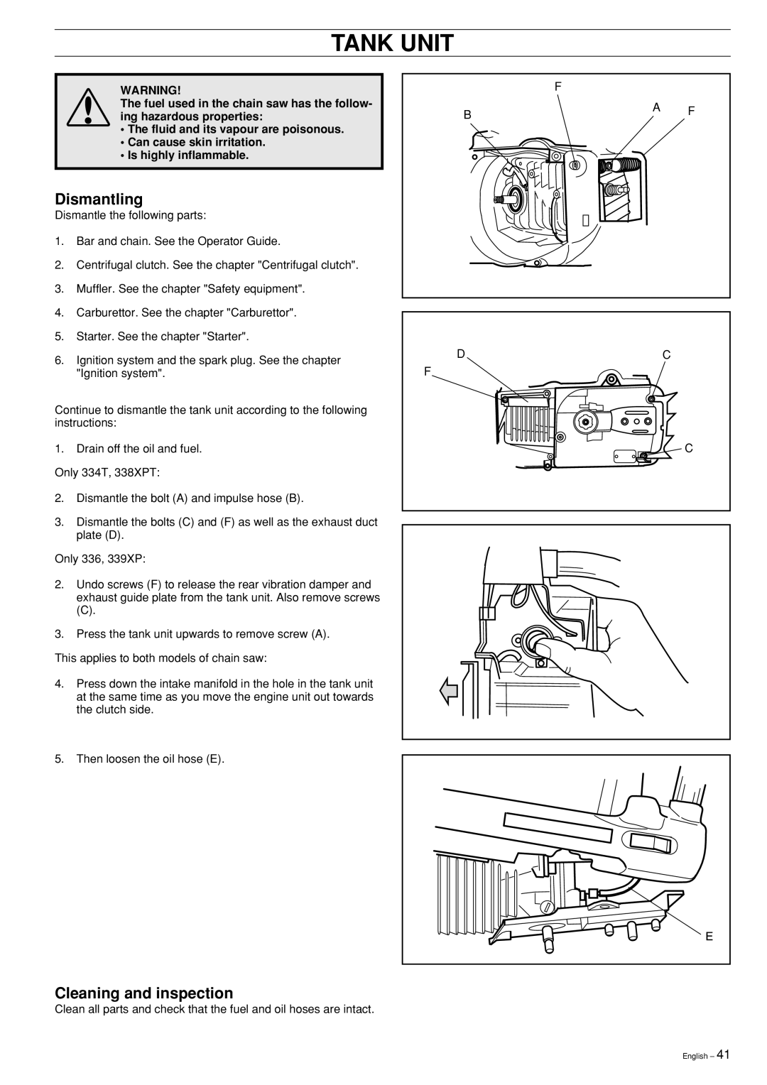 Husqvarna 339XP, 334T, 338XPT, 336, Chain Saw manual Tank Unit, Dismantling 