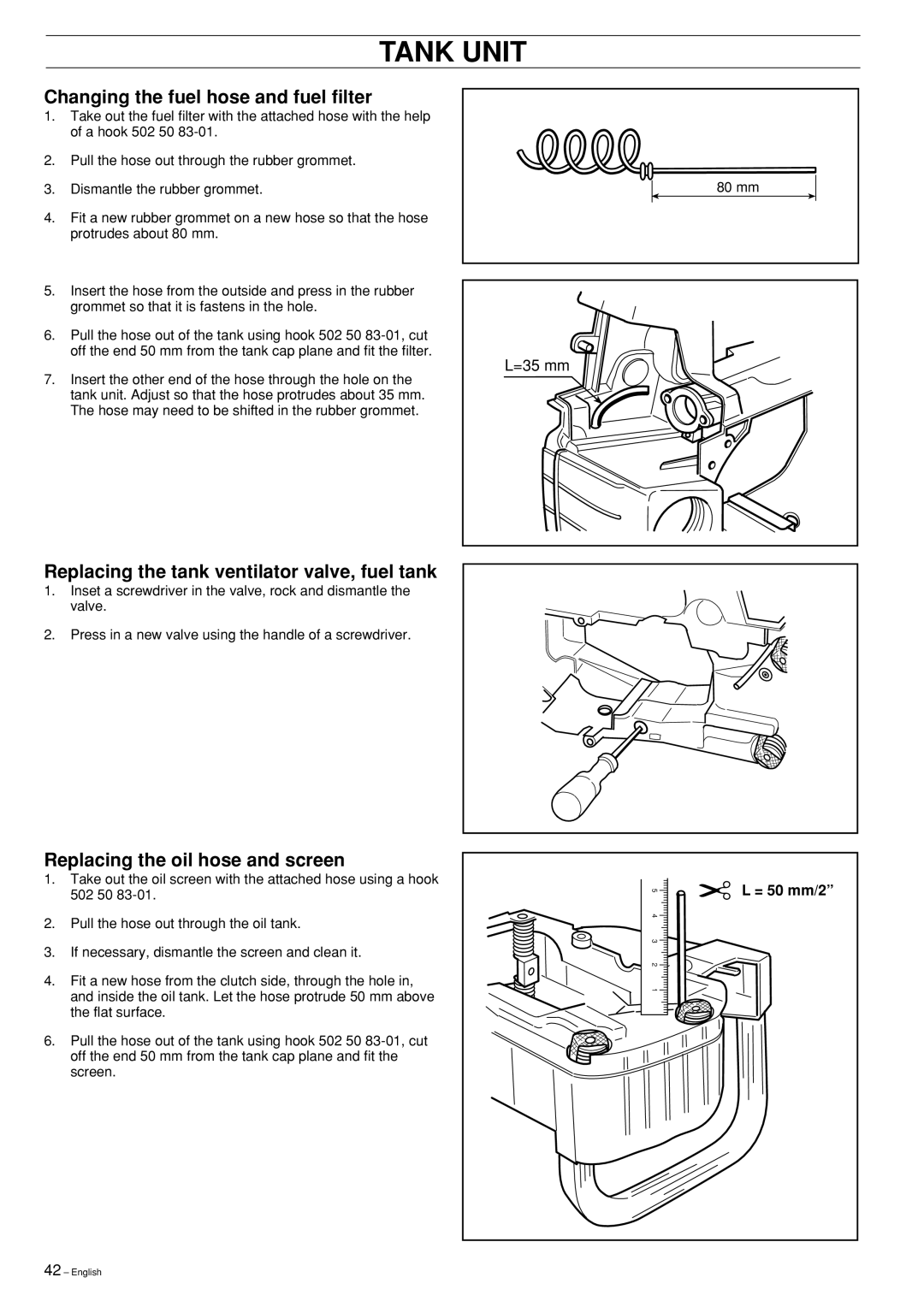 Husqvarna 338XPT, 334T, 339XP, 336 Changing the fuel hose and fuel filter, Replacing the tank ventilator valve, fuel tank 