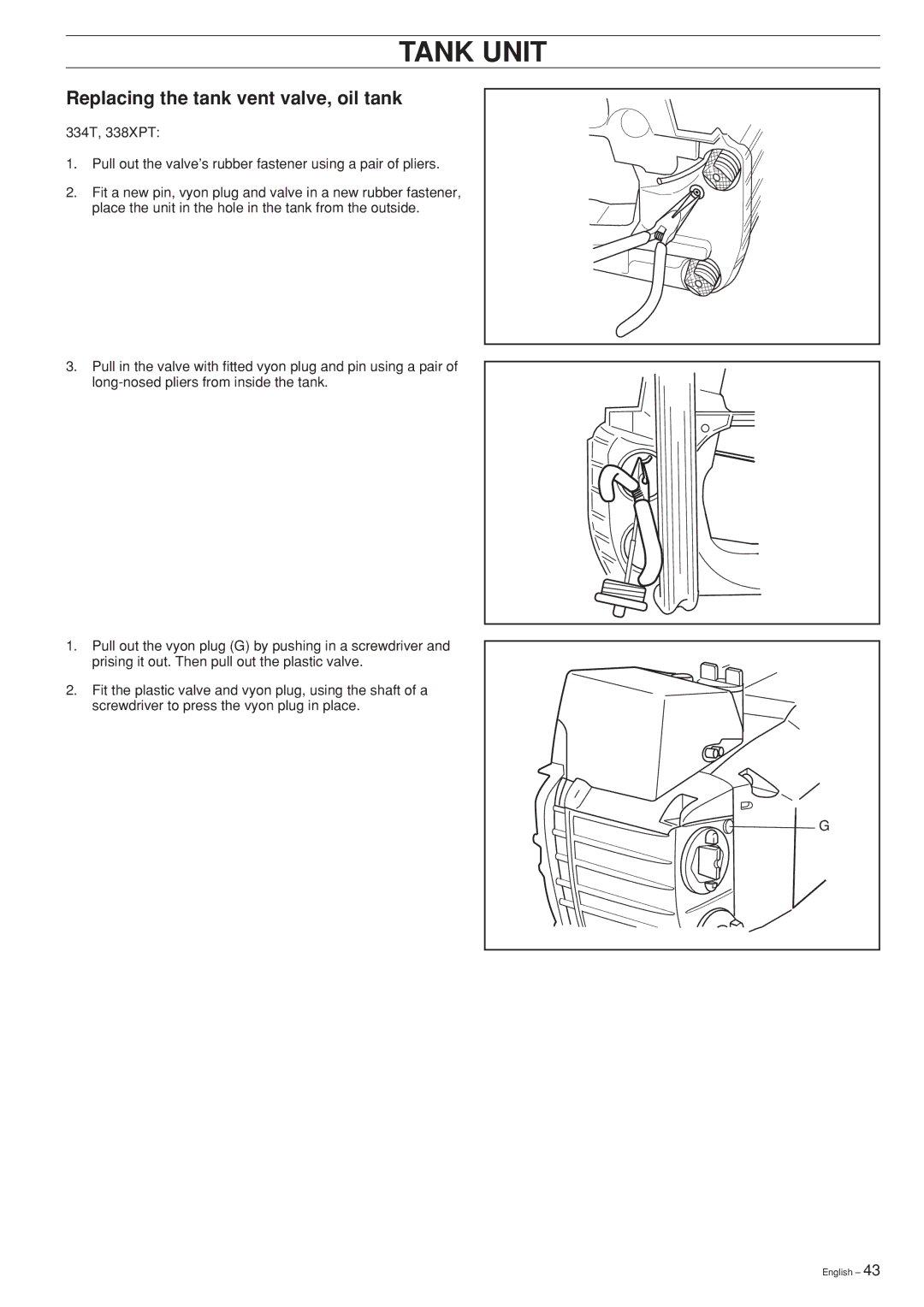 Husqvarna 336, 334T, 339XP, 338XPT, Chain Saw manual Replacing the tank vent valve, oil tank 