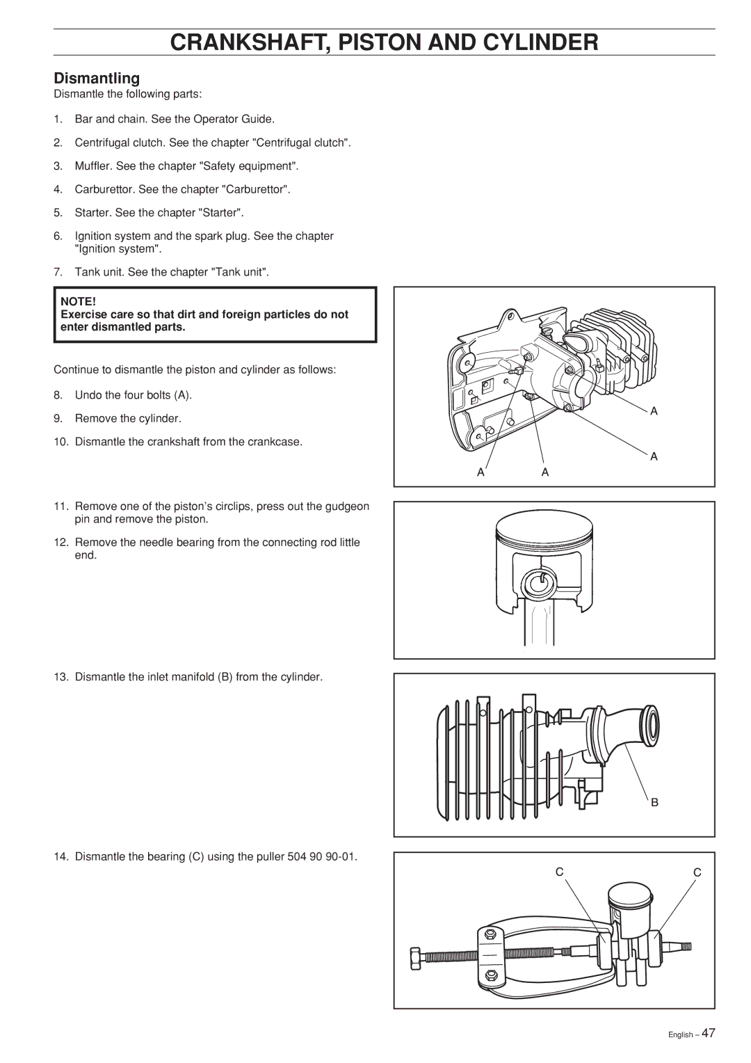 Husqvarna 338XPT, 334T, 339XP, 336, Chain Saw manual CRANKSHAFT, Piston and Cylinder, Dismantling 