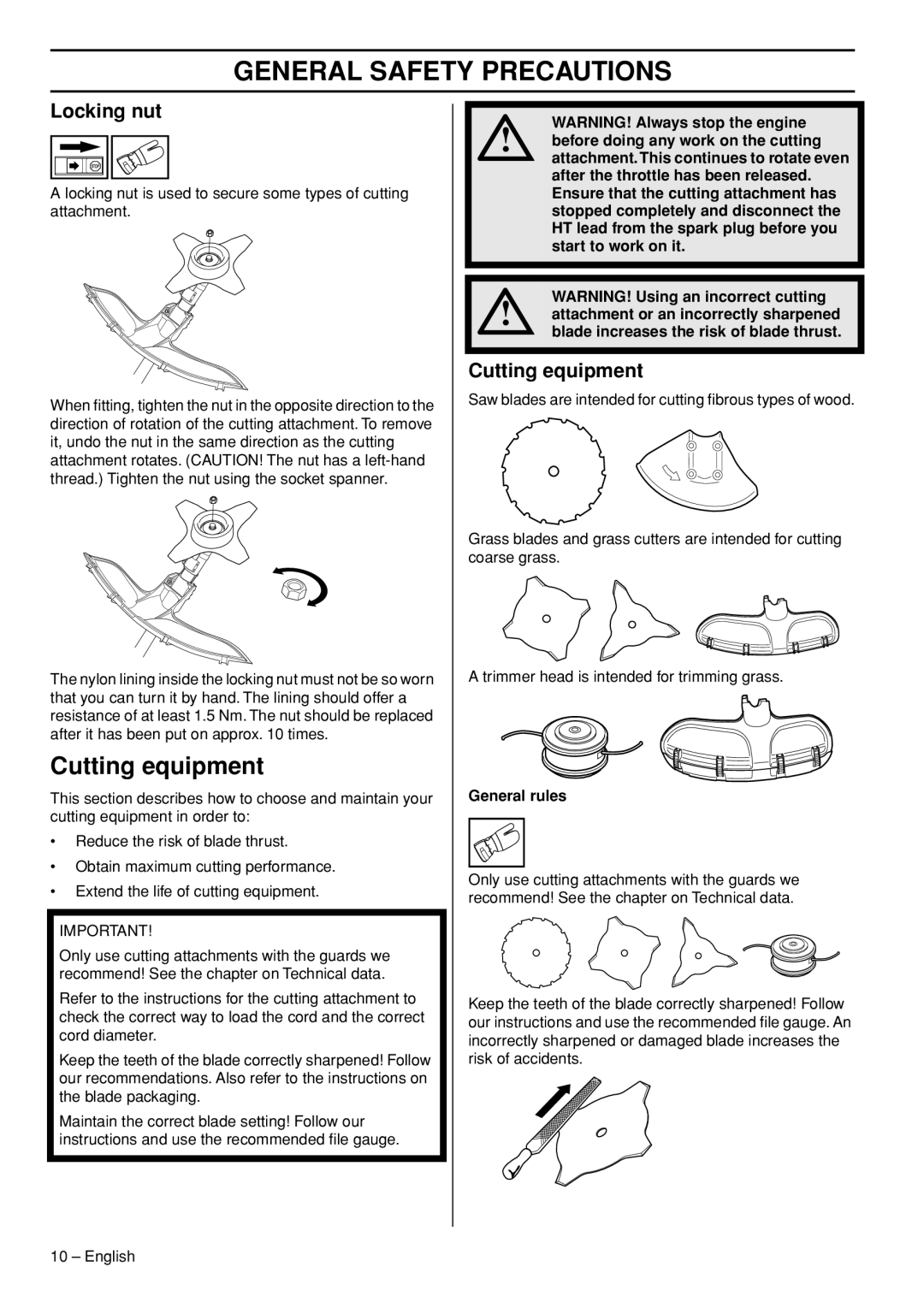 Husqvarna 335FR manual Cutting equipment, Locking nut, General rules 