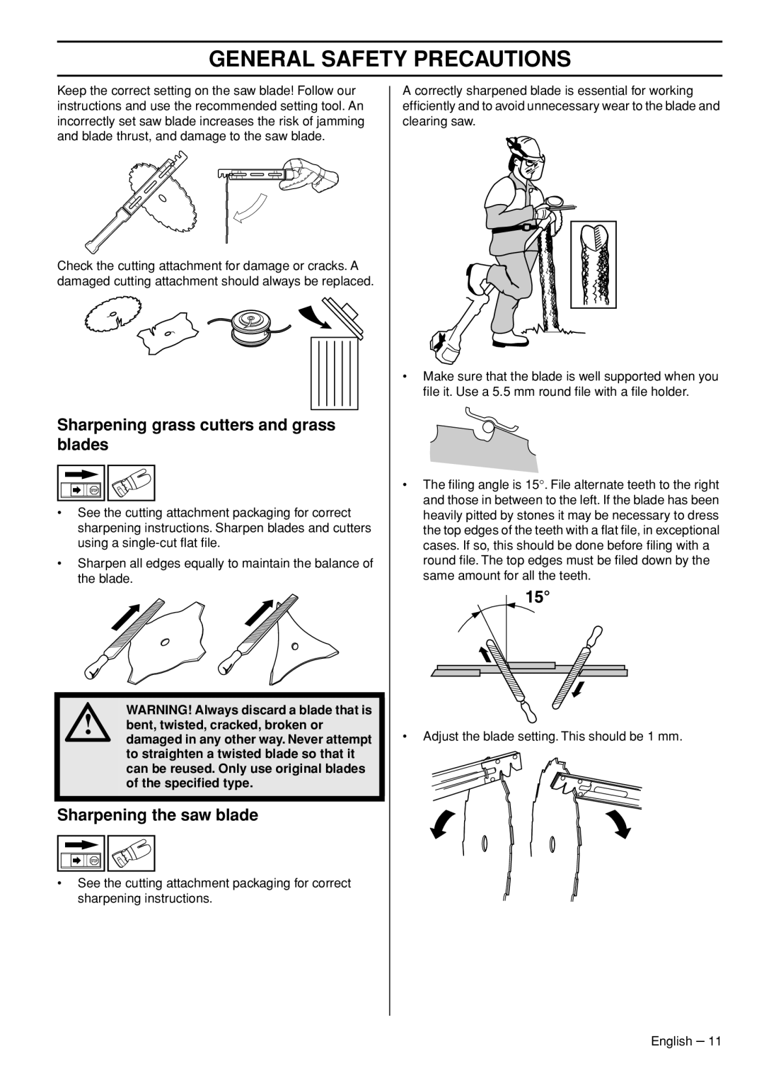 Husqvarna 335FR manual Sharpening grass cutters and grass blades, Sharpening the saw blade 