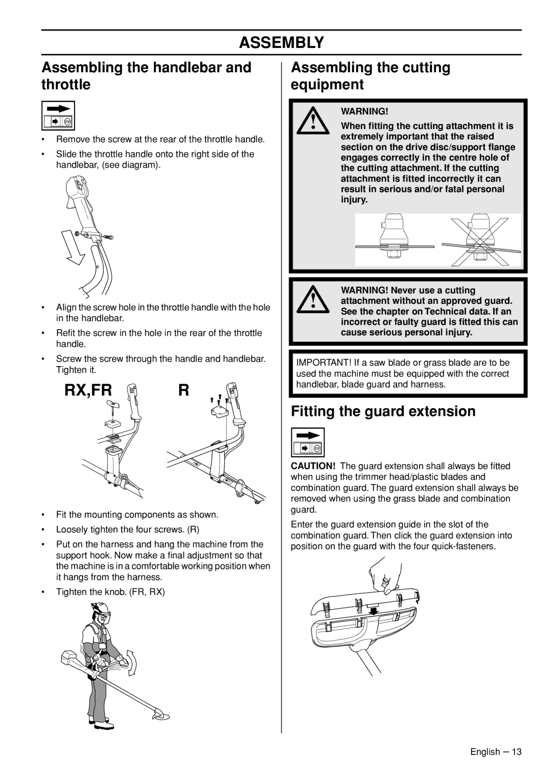 Husqvarna 335FR manual Assembly, Rx,Fr R, Assembling the handlebar and throttle, Assembling the cutting equipment 