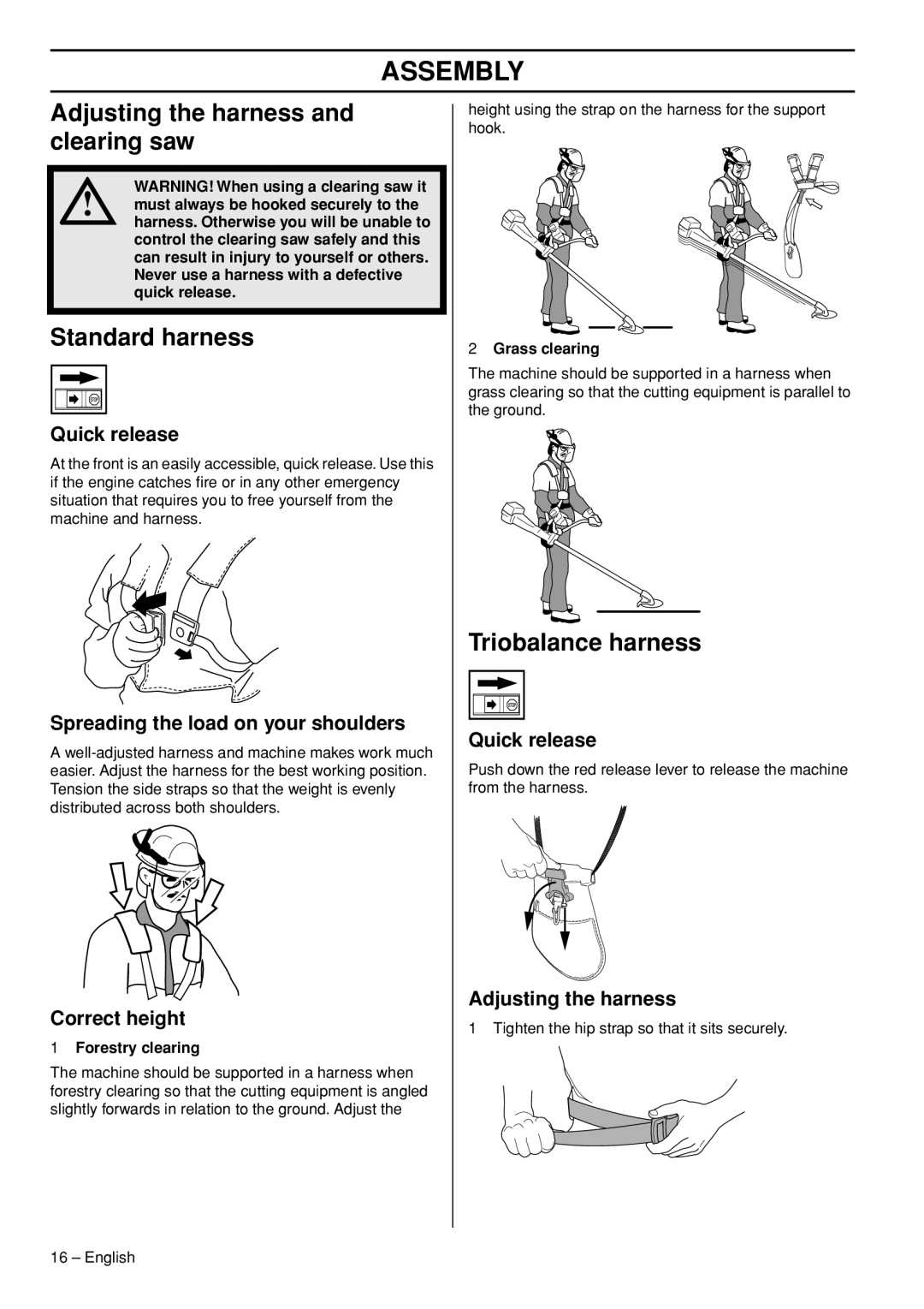 Husqvarna 335FR manual Adjusting the harness and clearing saw, Standard harness, Triobalance harness 