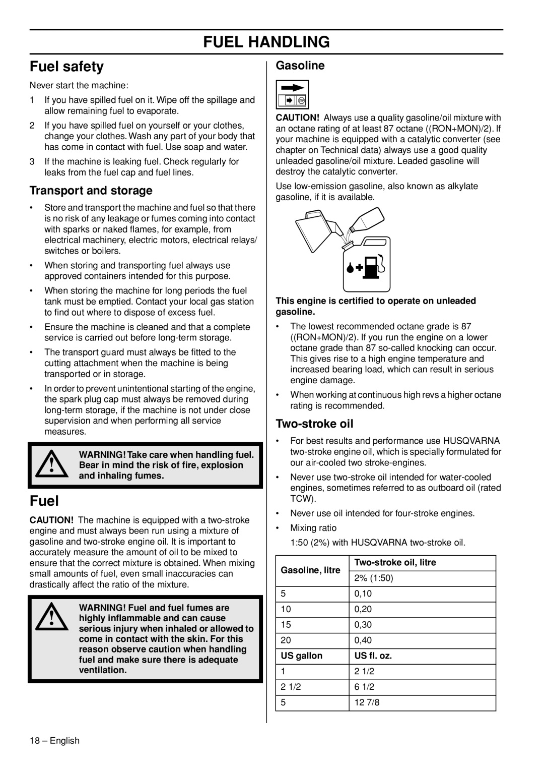 Husqvarna 335FR manual Fuel Handling, Fuel safety 