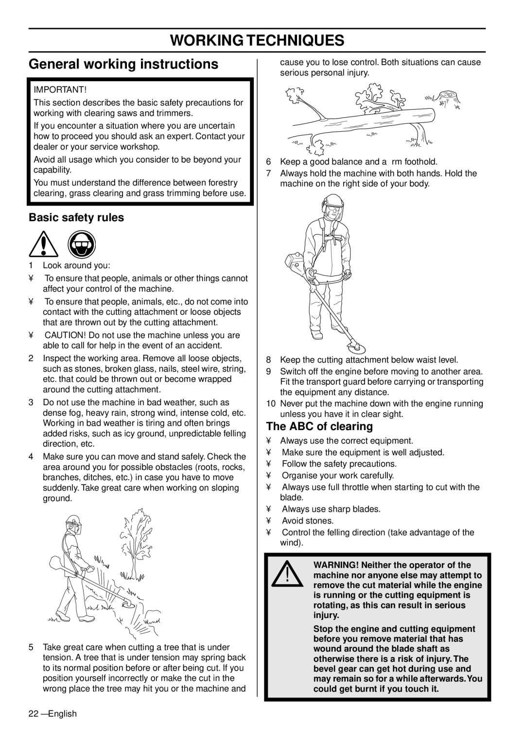 Husqvarna 335FR manual Working Techniques, General working instructions, Basic safety rules, ABC of clearing 