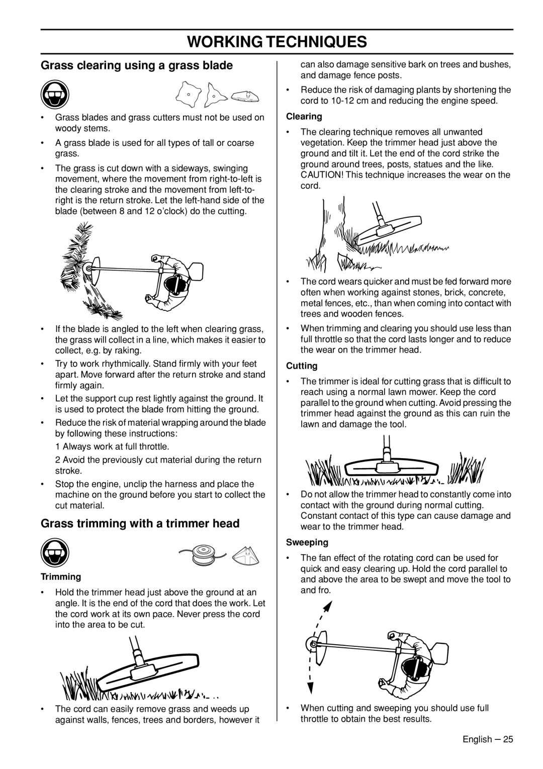 Husqvarna 335FR manual Grass clearing using a grass blade, Grass trimming with a trimmer head 