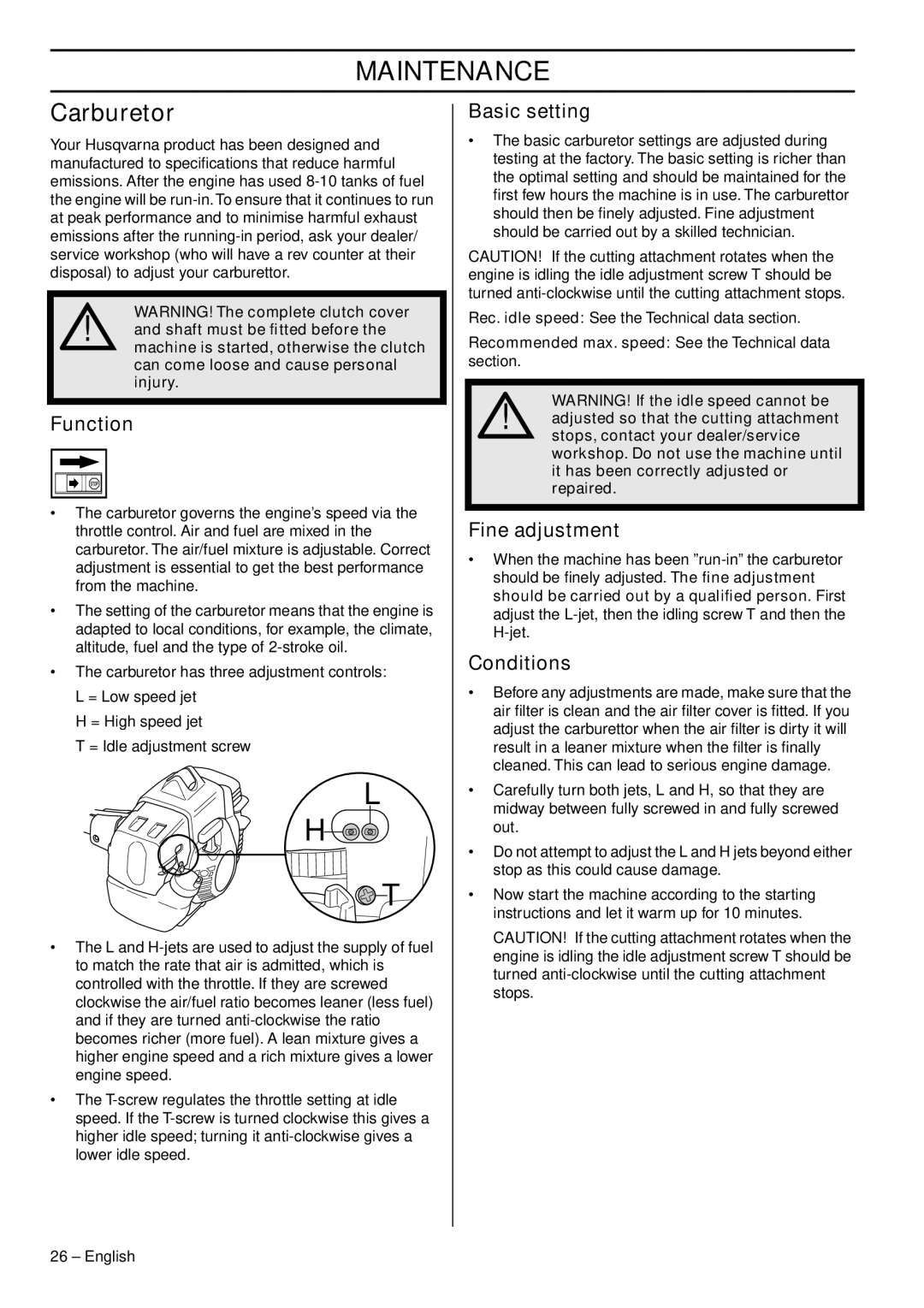 Husqvarna 335FR manual Maintenance, Carburetor 