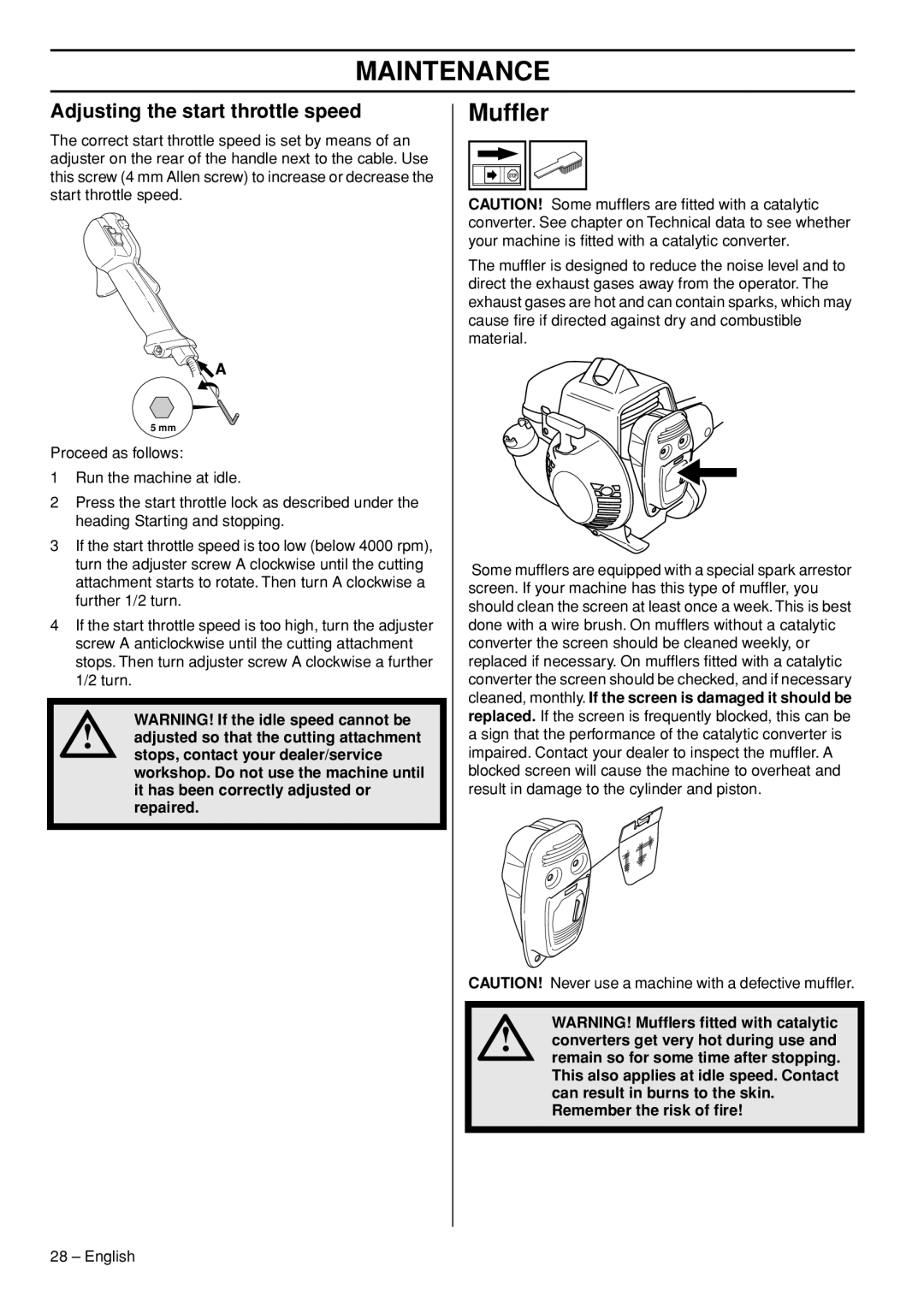 Husqvarna 335FR manual Mufﬂer, Adjusting the start throttle speed 