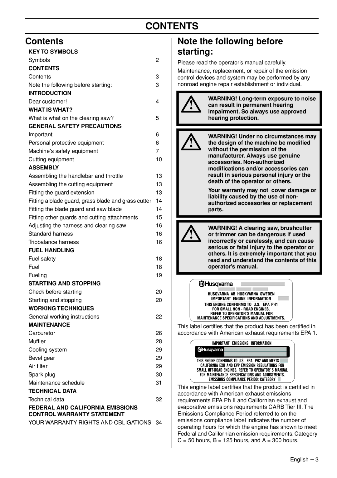 Husqvarna 335FR manual Contents 