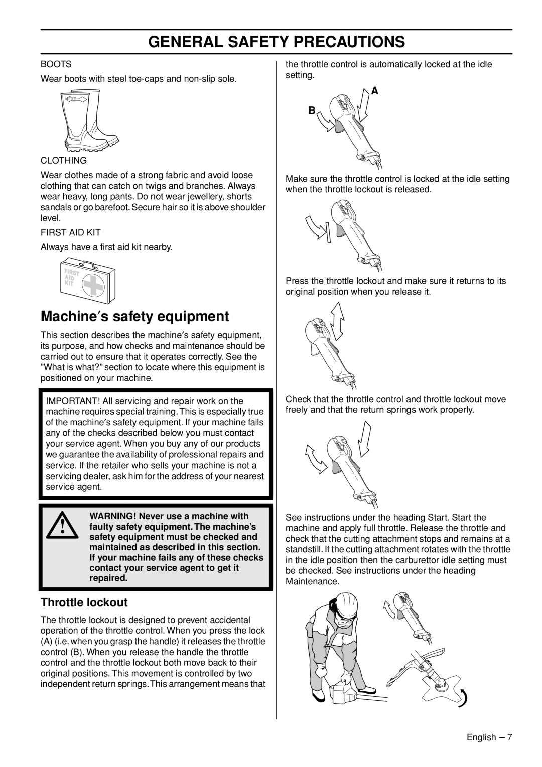 Husqvarna 335FR manual Machine′s safety equipment, Throttle lockout 