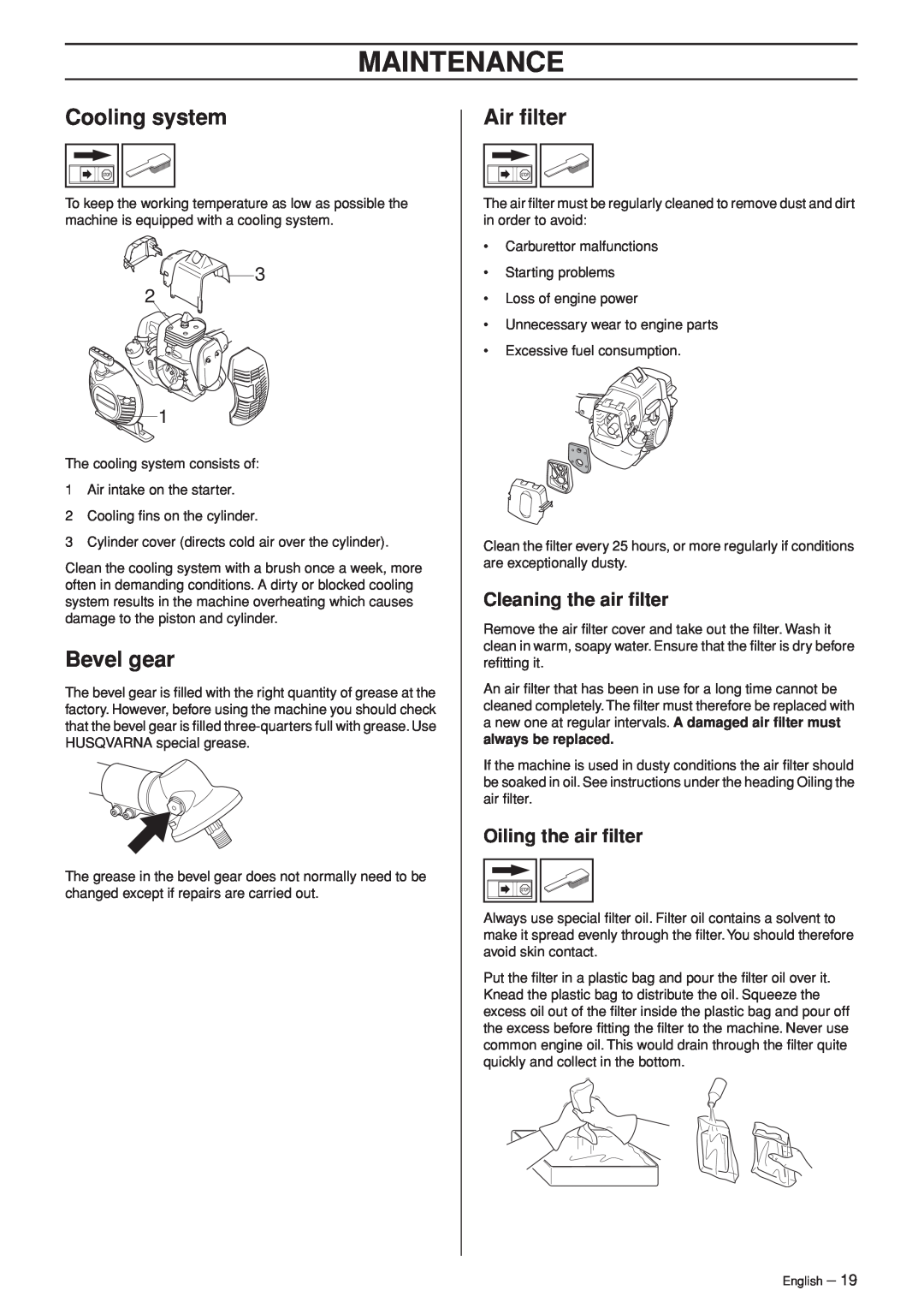 Husqvarna 335LS manual Cooling system, Bevel gear, Air ﬁlter, Maintenance, Cleaning the air ﬁlter, Oiling the air ﬁlter 