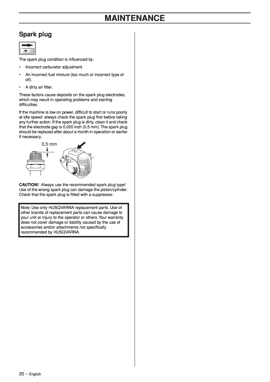 Husqvarna 335LS manual Spark plug, Maintenance 