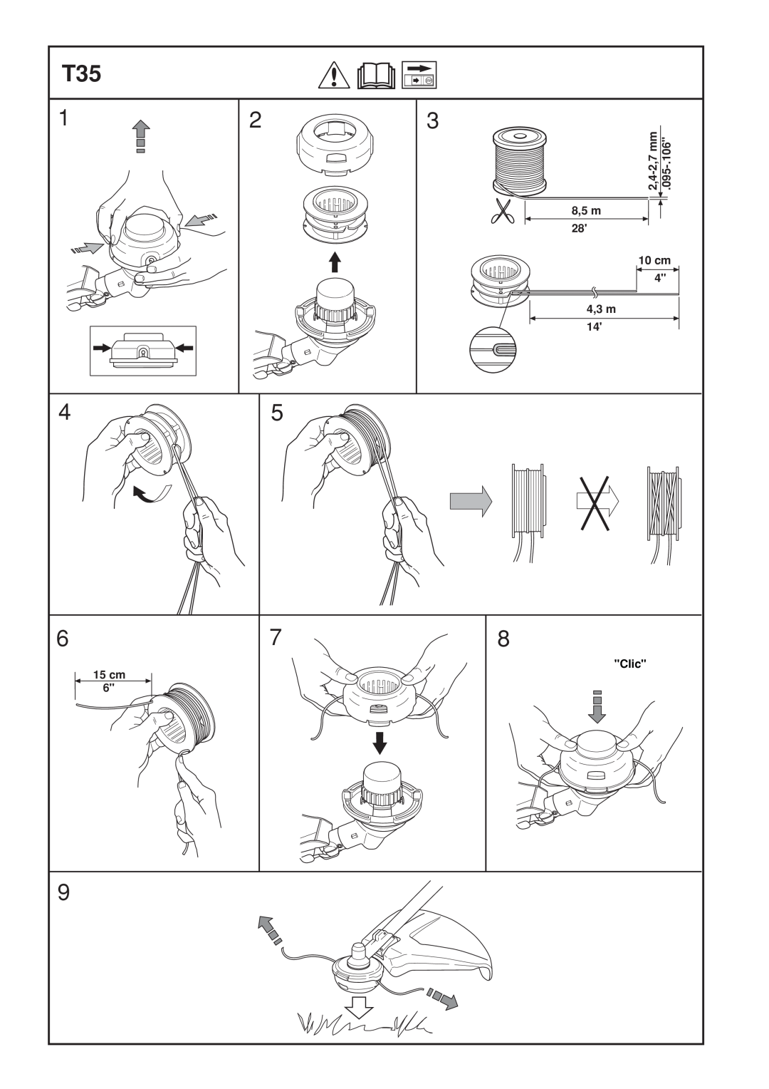 Husqvarna 335LS manual 8,5 m, 10 cm 4,3 m, 15 cm, Clic, 2,4-2,7 mm 