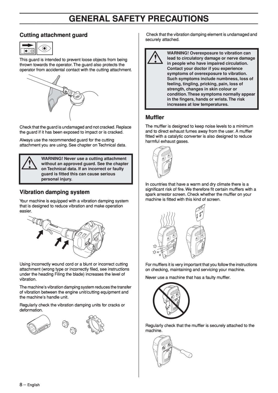 Husqvarna 335LS manual General Safety Precautions, Cutting attachment guard, Vibration damping system, Mufﬂer 