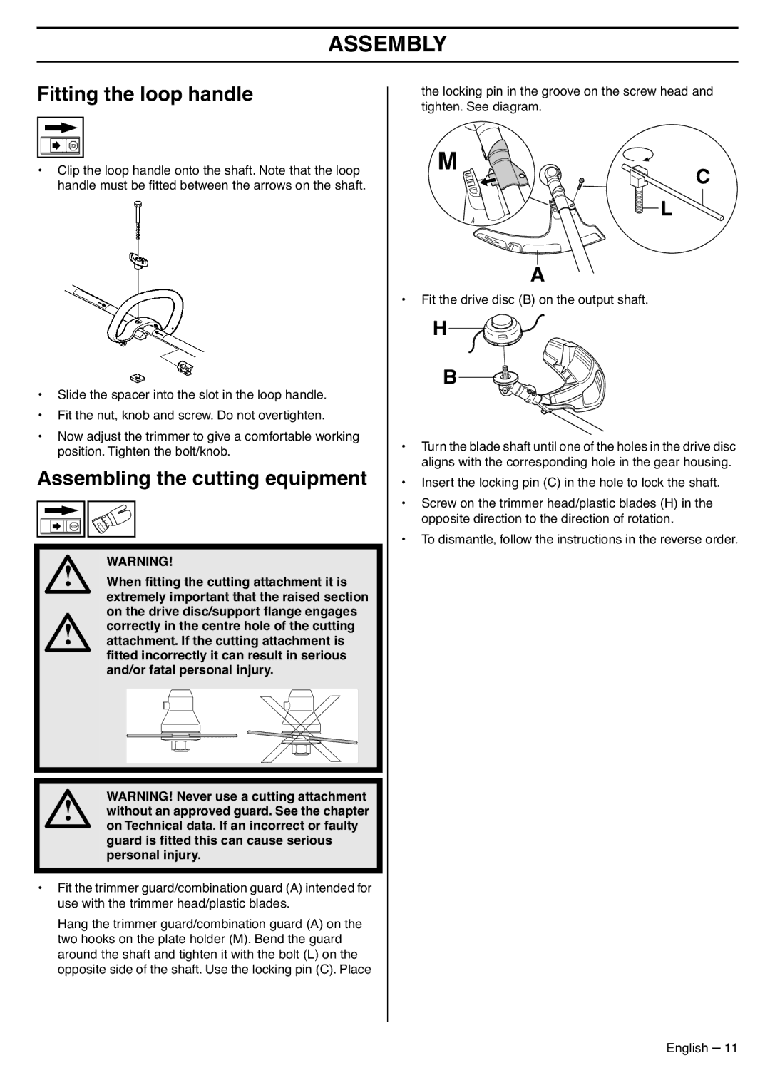 Husqvarna 335LS manual Assembly, Fitting the loop handle, Assembling the cutting equipment 