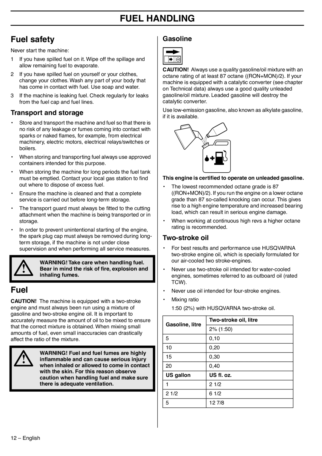 Husqvarna 335LS manual Fuel Handling, Fuel safety 