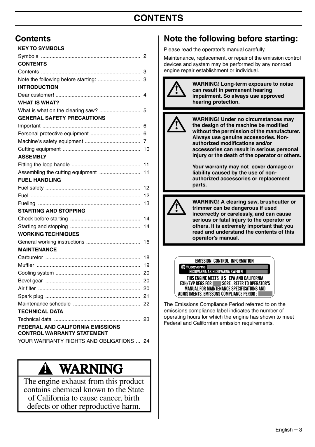 Husqvarna 335LS manual Contents 