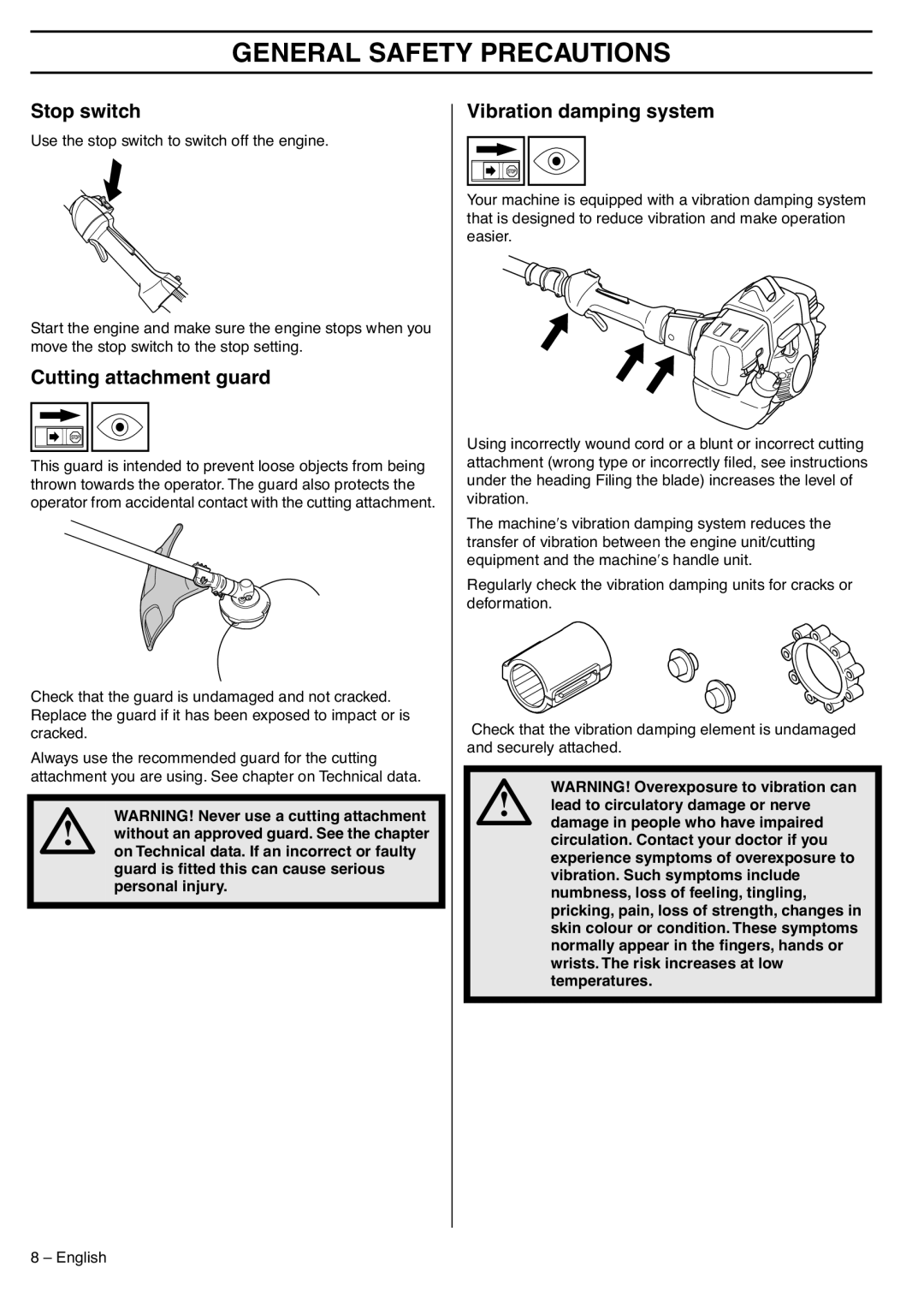 Husqvarna 335LS manual Stop switch, Cutting attachment guard, Vibration damping system 