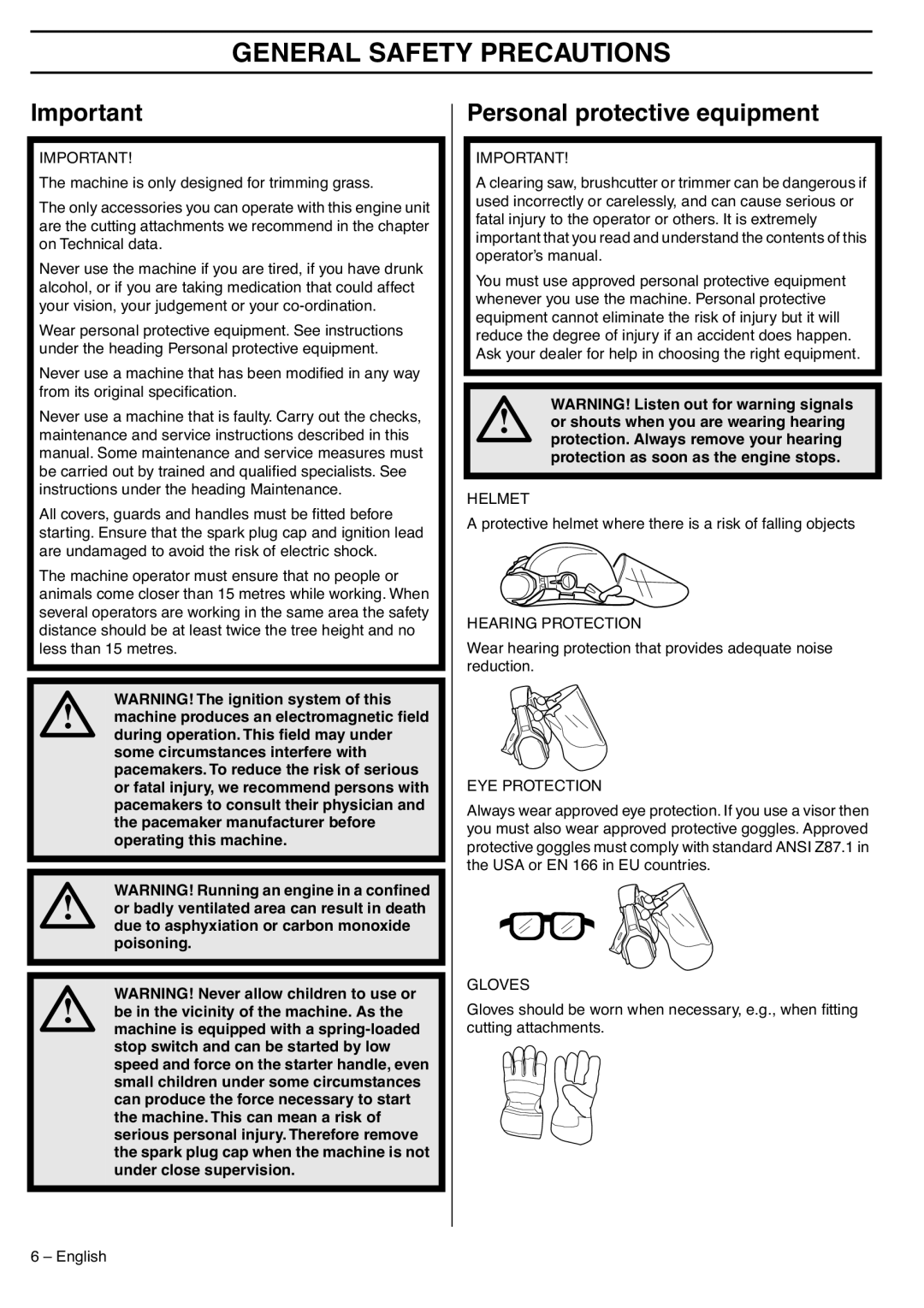 Husqvarna 335LS manual General Safety Precautions, Personal protective equipment 
