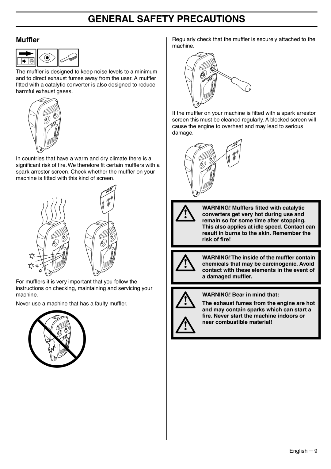Husqvarna 335LS manual Mufﬂer, General Safety Precautions 