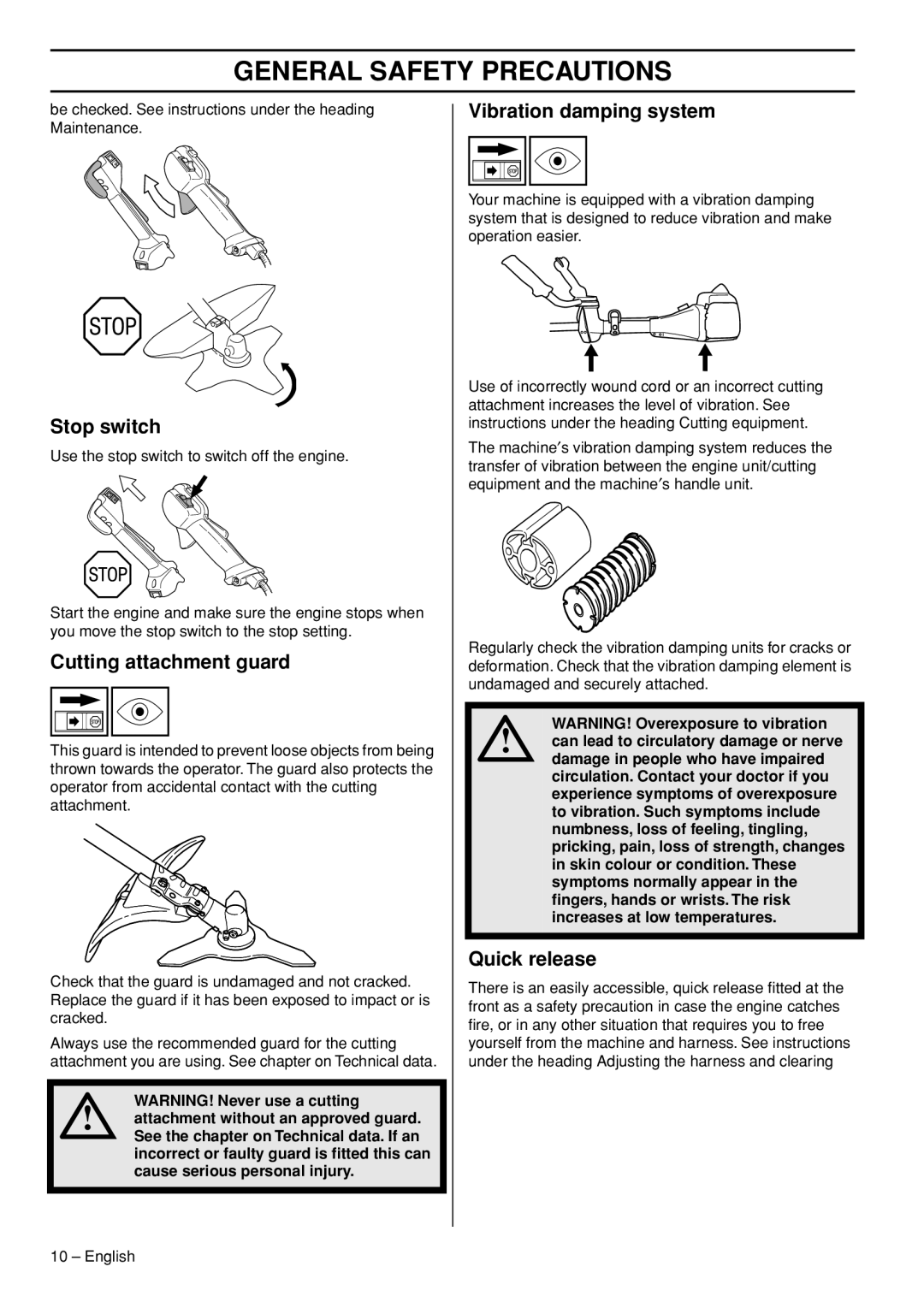 Husqvarna 335LX manual Stop switch, Cutting attachment guard, Vibration damping system, Quick release 