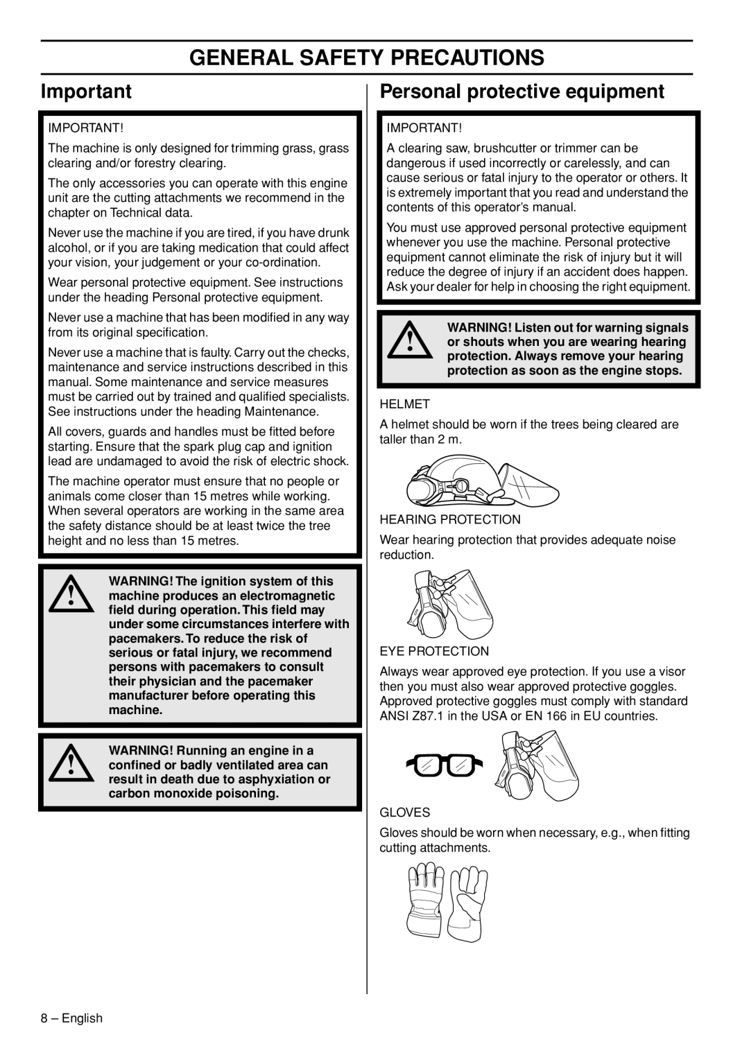 Husqvarna 335LX manual General Safety Precautions, Personal protective equipment 