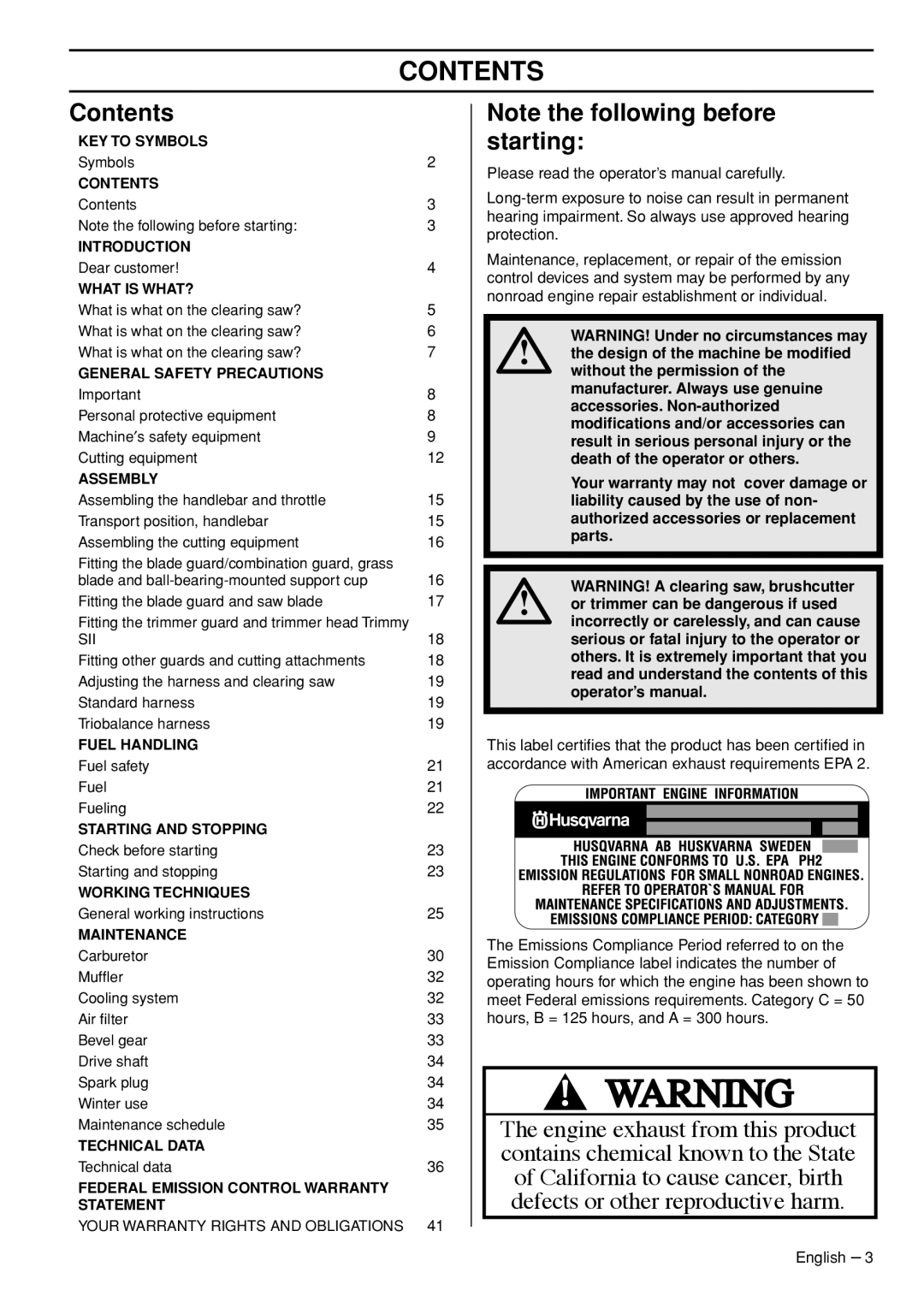 Husqvarna 335LX manual Contents, Note the following before starting, Key To Symbols, Introduction, What Is What?, Assembly 