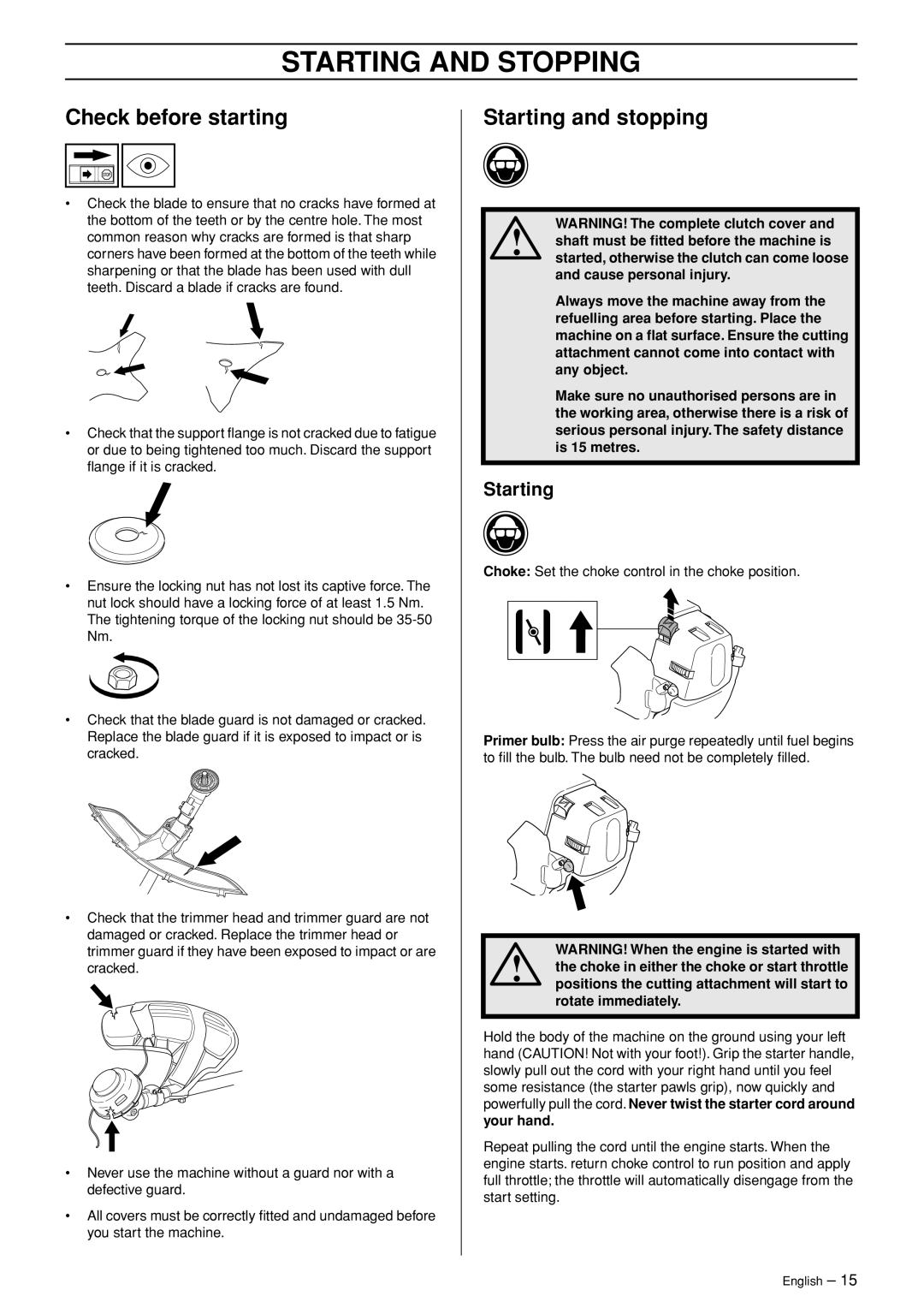 Husqvarna 335RJ, 335RJX-Series manual Starting and Stopping, Check before starting, Starting and stopping 