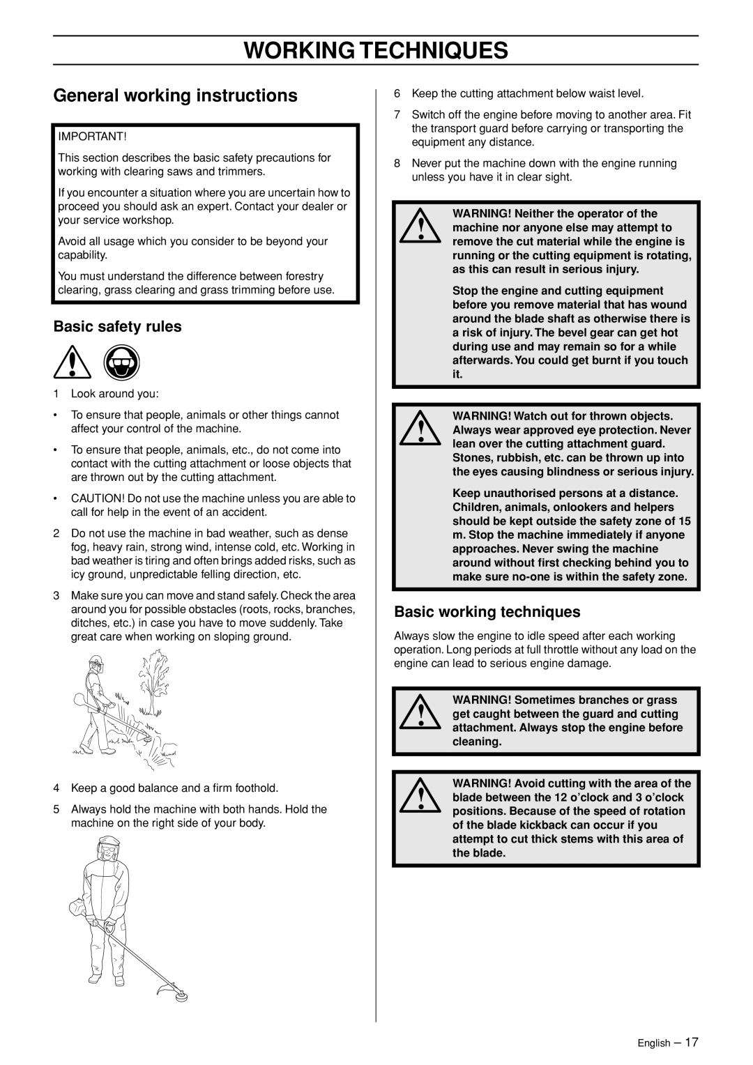 Husqvarna 335RJ, 335RJX-Series manual Working Techniques, General working instructions, Basic safety rules 