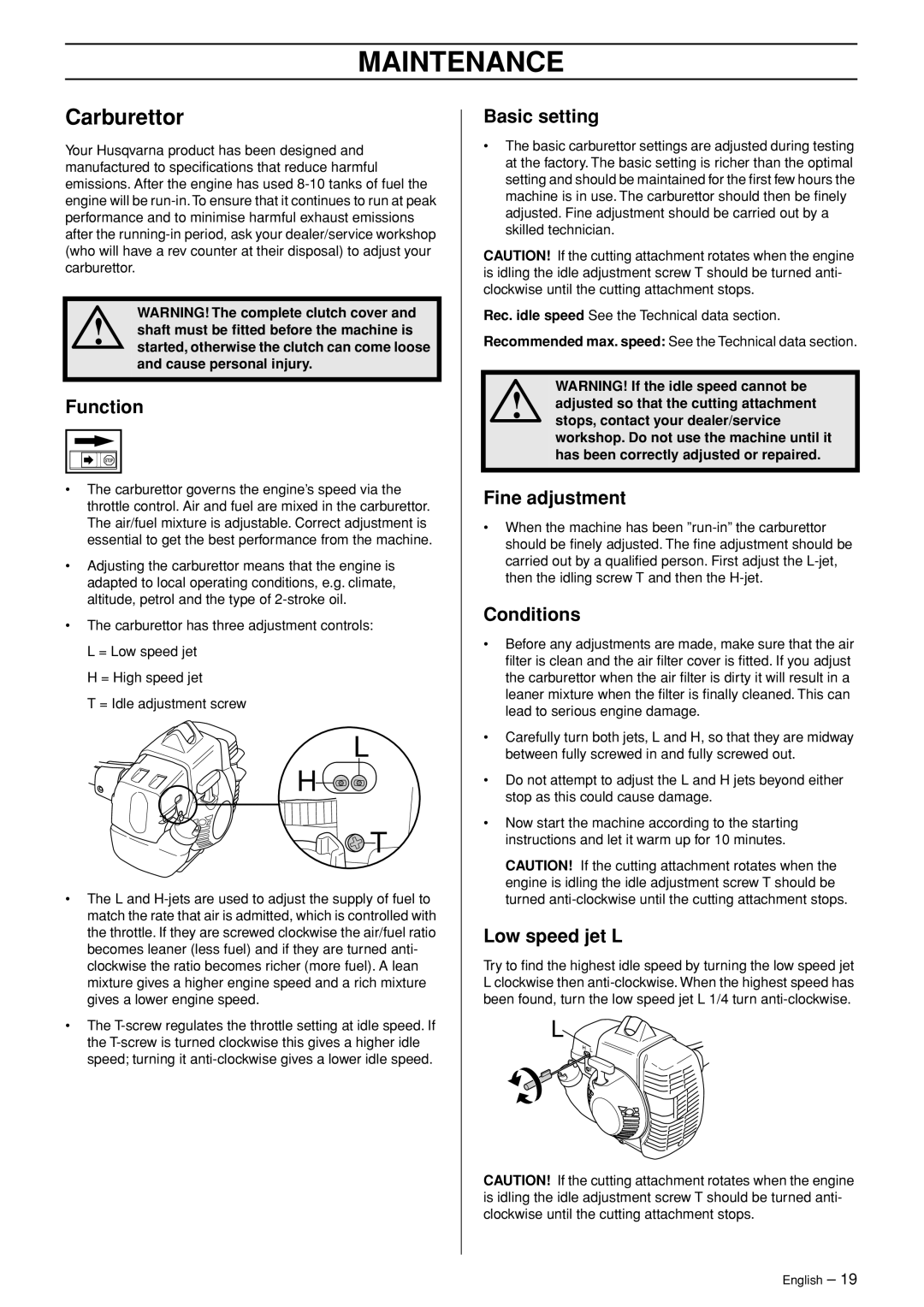 Husqvarna 335RJ, 335RJX-Series manual Maintenance, Carburettor 