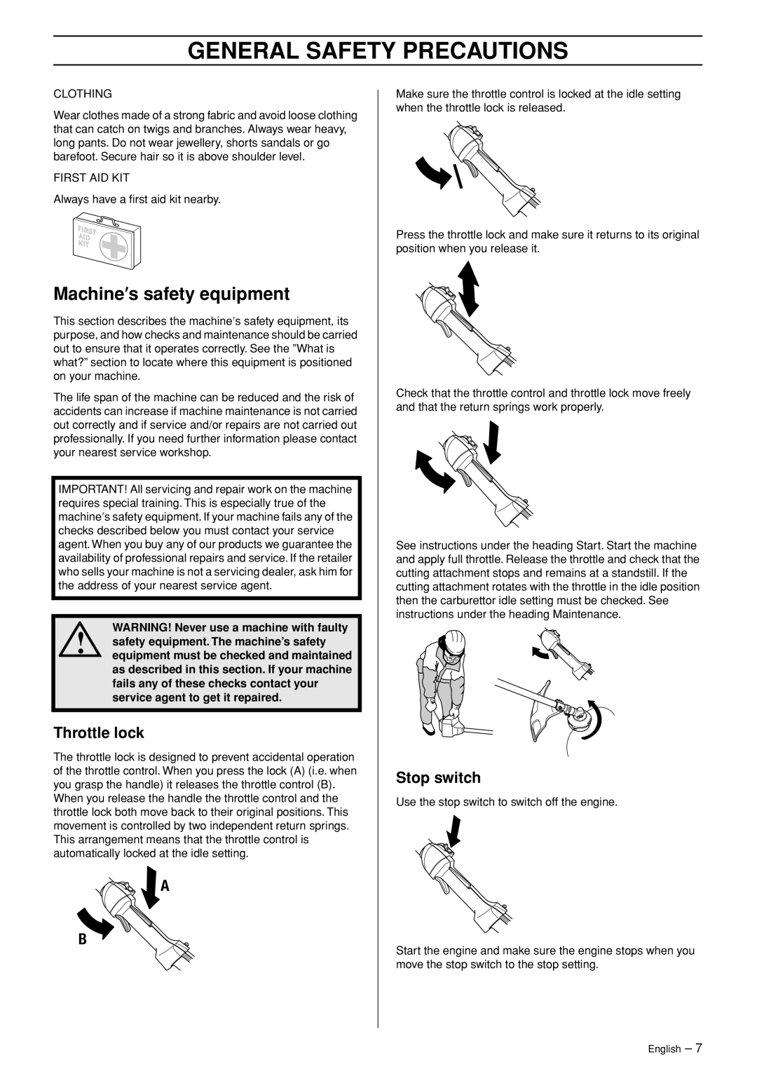 Husqvarna 335RJ, 335RJX-Series manual Machine′s safety equipment, Throttle lock, Stop switch 