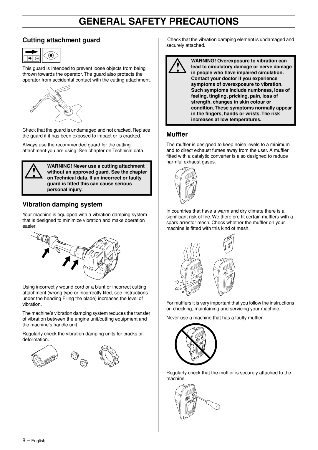 Husqvarna 335RJ, 335RJX-Series manual Cutting attachment guard, Vibration damping system, Mufﬂer 