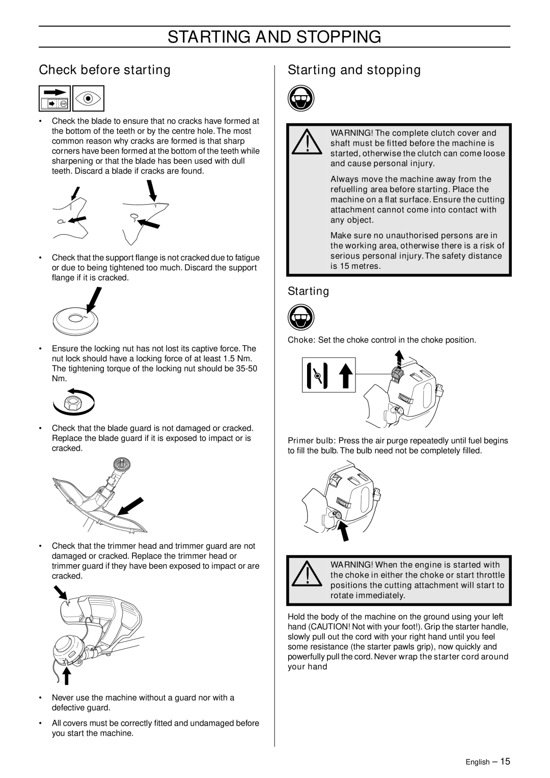 Husqvarna 335RJ manual Starting and Stopping, Check before starting, Starting and stopping 