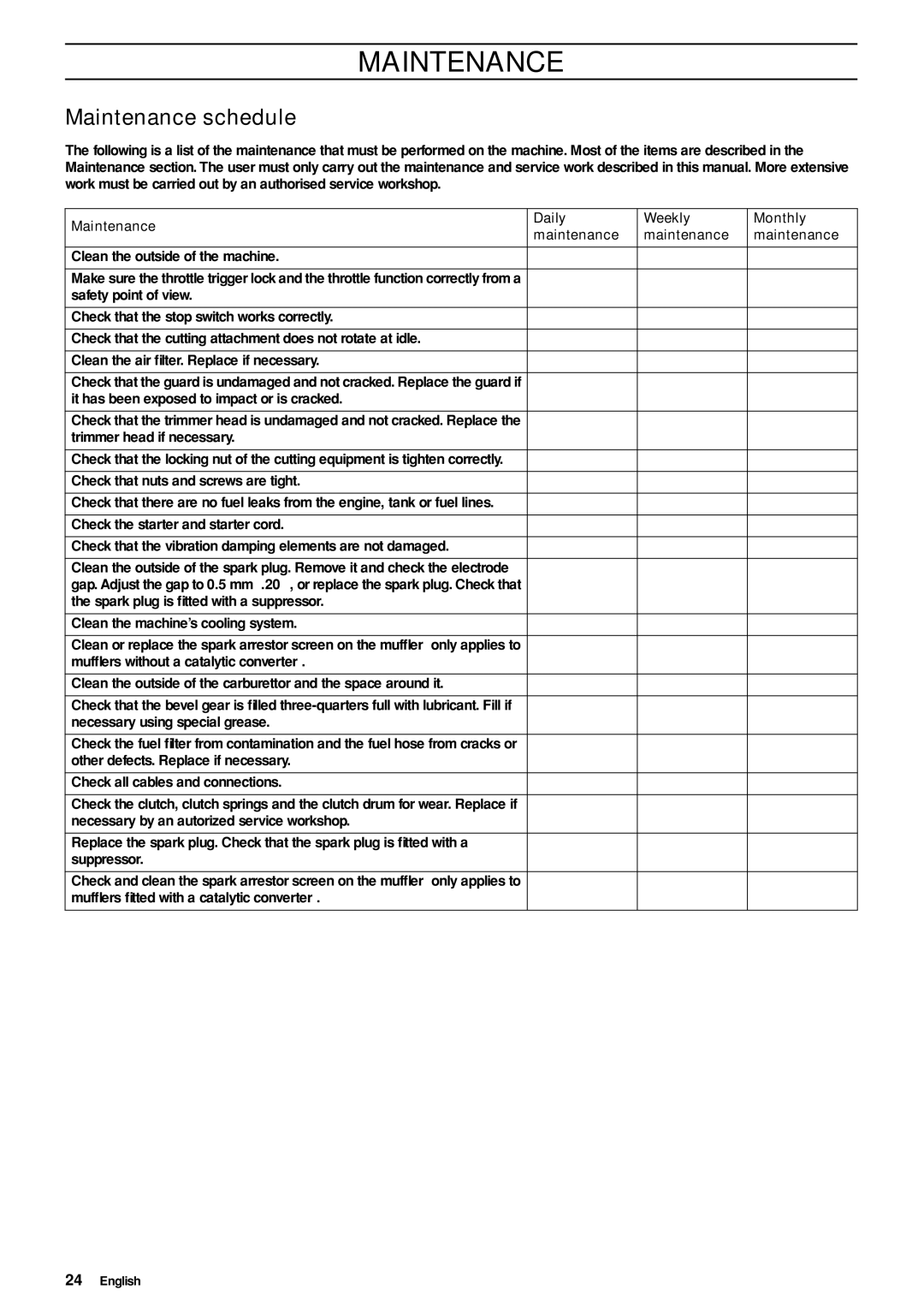 Husqvarna 335RJ manual Maintenance schedule, Maintenance Daily Weekly Monthly 