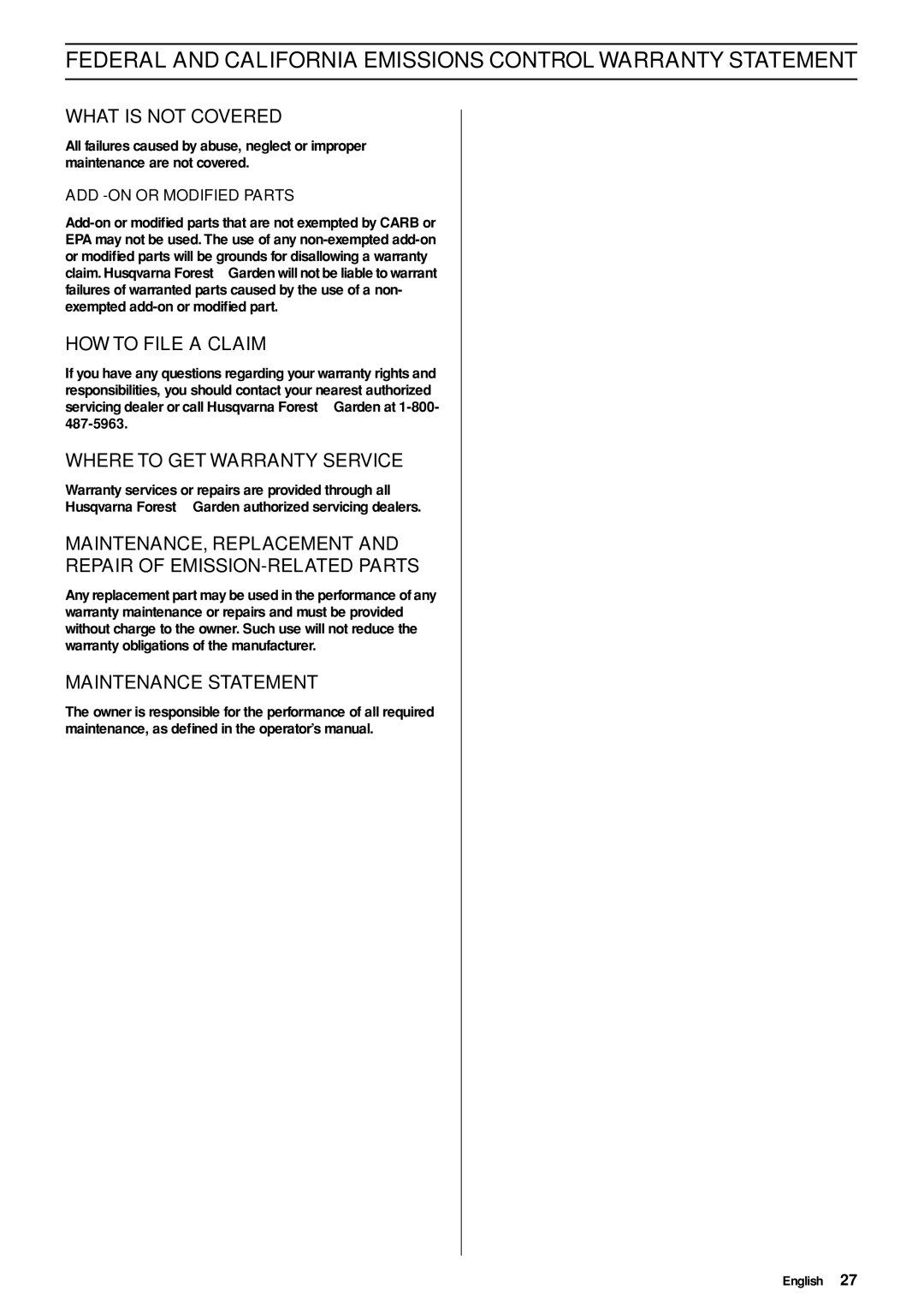 Husqvarna 335RJ manual Federal and California Emissions Control Warranty Statement 