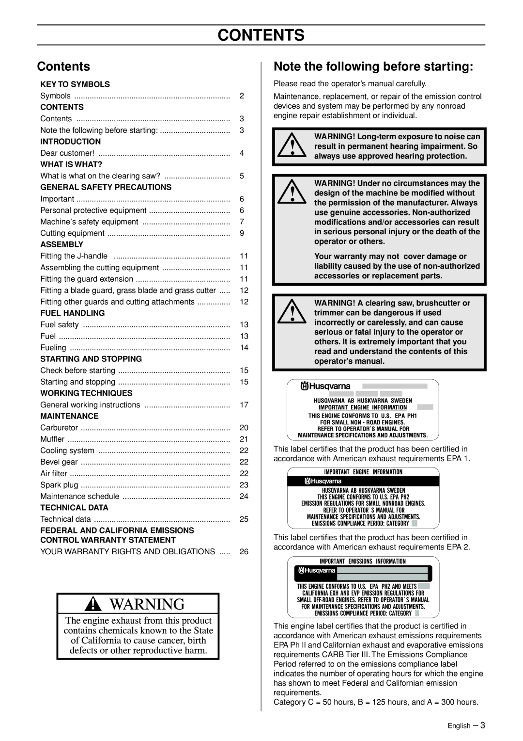 Husqvarna 335RJ manual Contents 