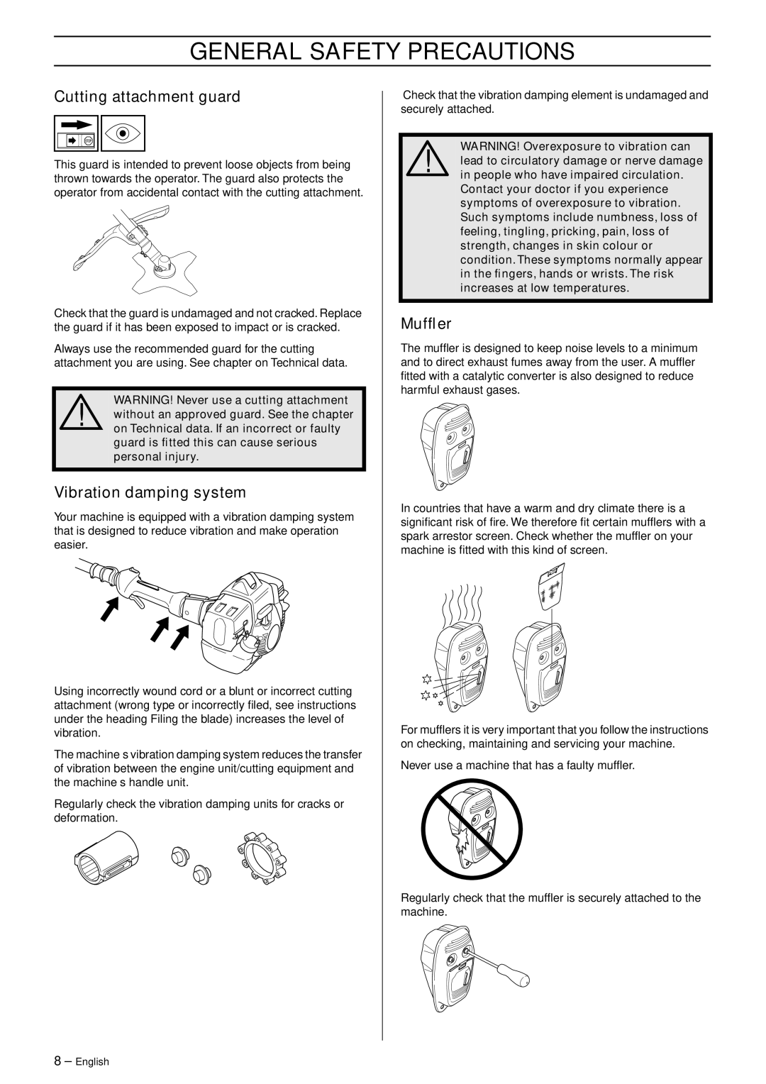 Husqvarna 335RJ manual Cutting attachment guard, Vibration damping system, Mufﬂer 