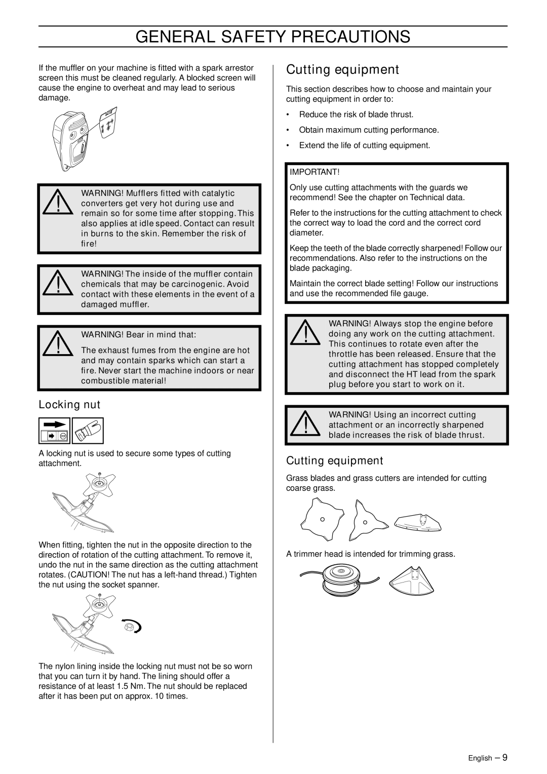 Husqvarna 335RJ manual Cutting equipment, Locking nut 