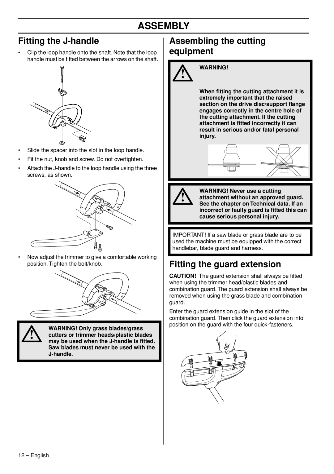 Husqvarna 335RJx, 333RJ manual Assembly, Fitting the J-handle, Assembling the cutting equipment, Fitting the guard extension 