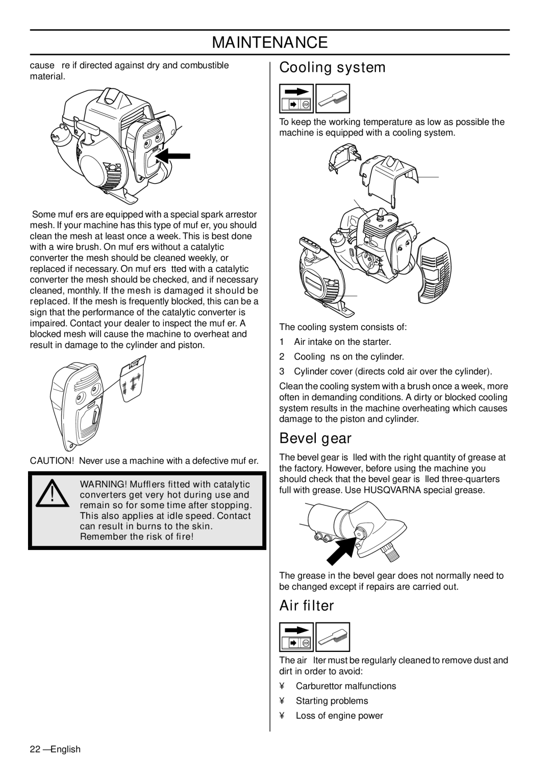 Husqvarna 335RJx, 333RJ manual Cooling system, Bevel gear, Air ﬁlter 