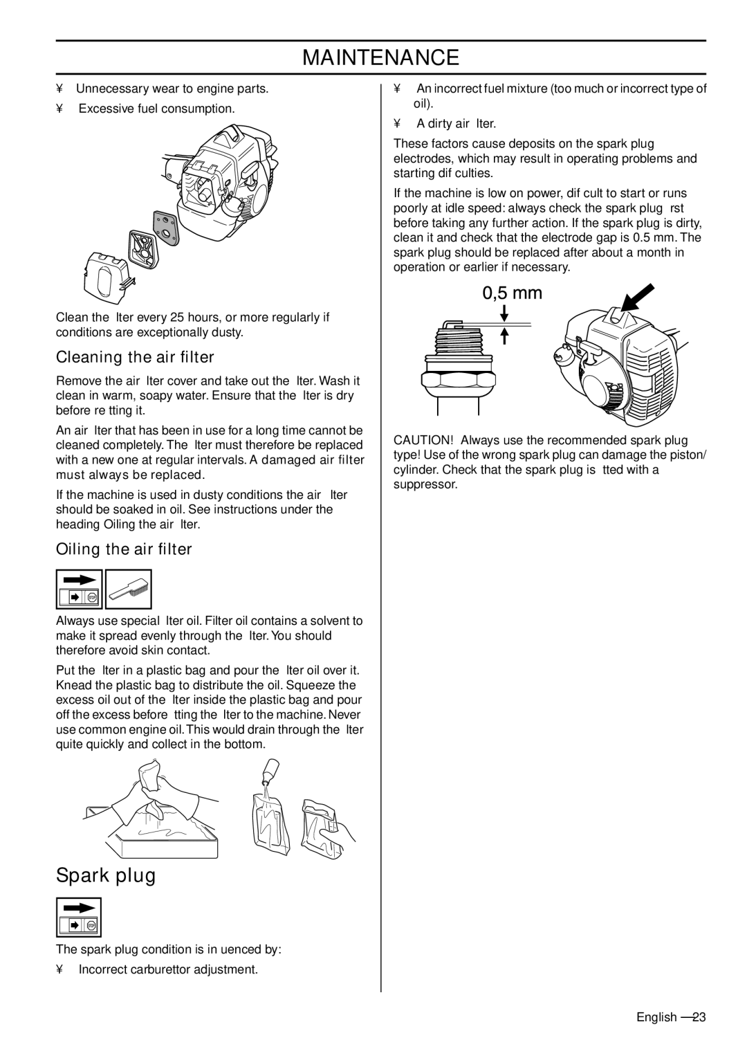 Husqvarna 333RJ, 335RJx manual Spark plug, Cleaning the air ﬁlter, Oiling the air ﬁlter, Must always be replaced 