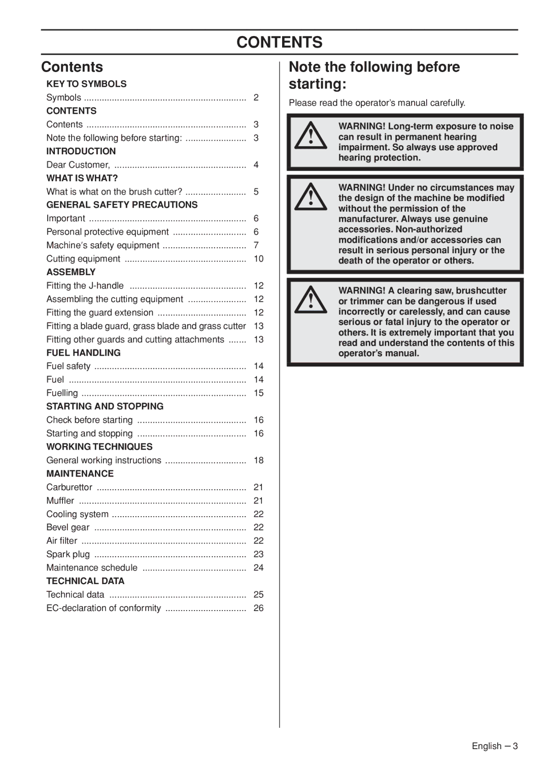 Husqvarna 333RJ, 335RJx manual Contents 