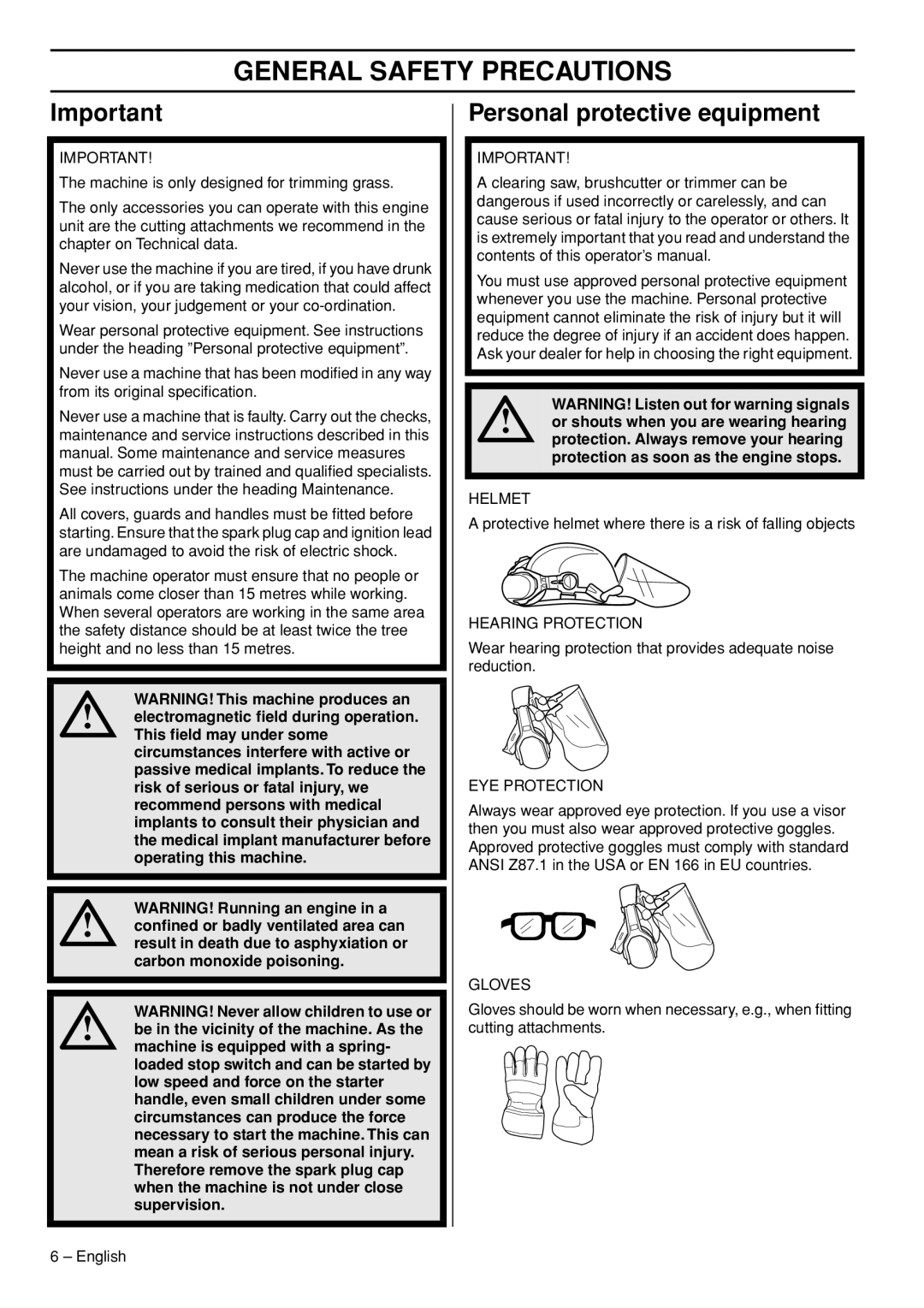 Husqvarna 335RJx, 333RJ manual General Safety Precautions, Personal protective equipment 