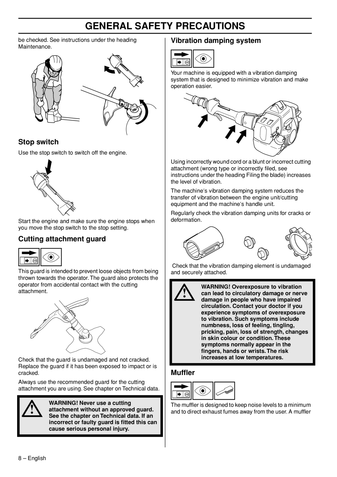 Husqvarna 335RJx, 333RJ manual Stop switch, Cutting attachment guard, Vibration damping system, Mufﬂer 