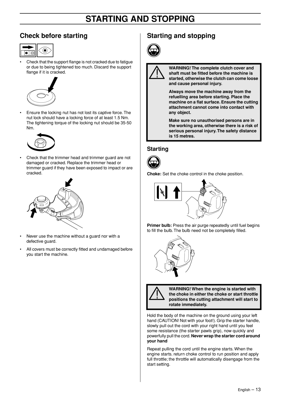 Husqvarna 335RJx manual Starting and Stopping, Check before starting, Starting and stopping 