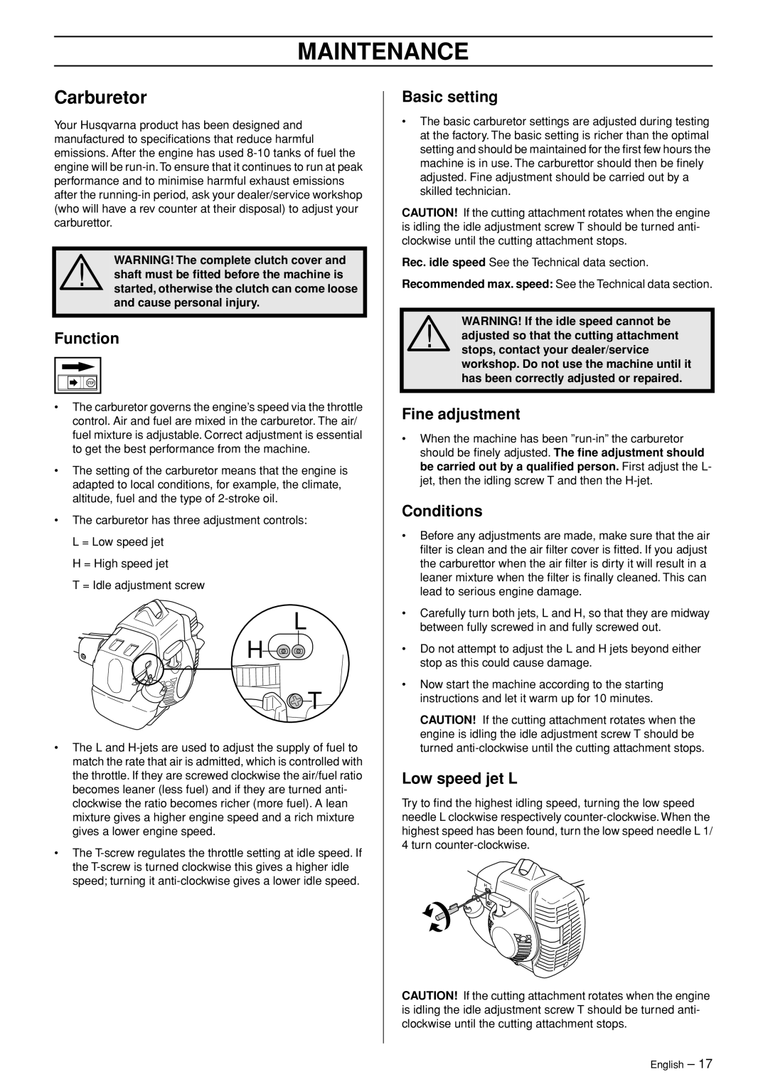 Husqvarna 335RJx manual Maintenance, Carburetor 