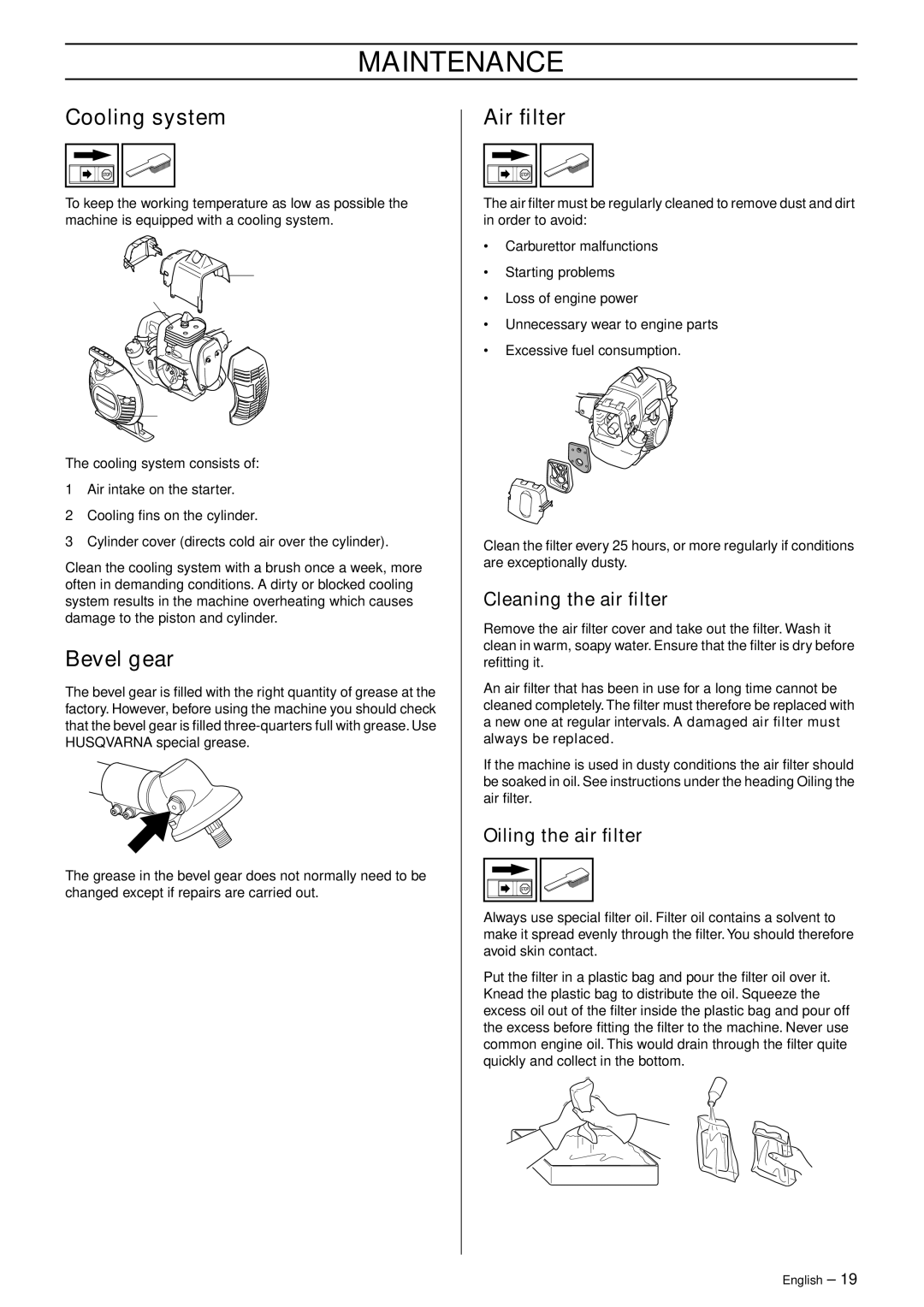 Husqvarna 335RJx manual Cooling system, Bevel gear, Air ﬁlter, Cleaning the air ﬁlter, Oiling the air ﬁlter 