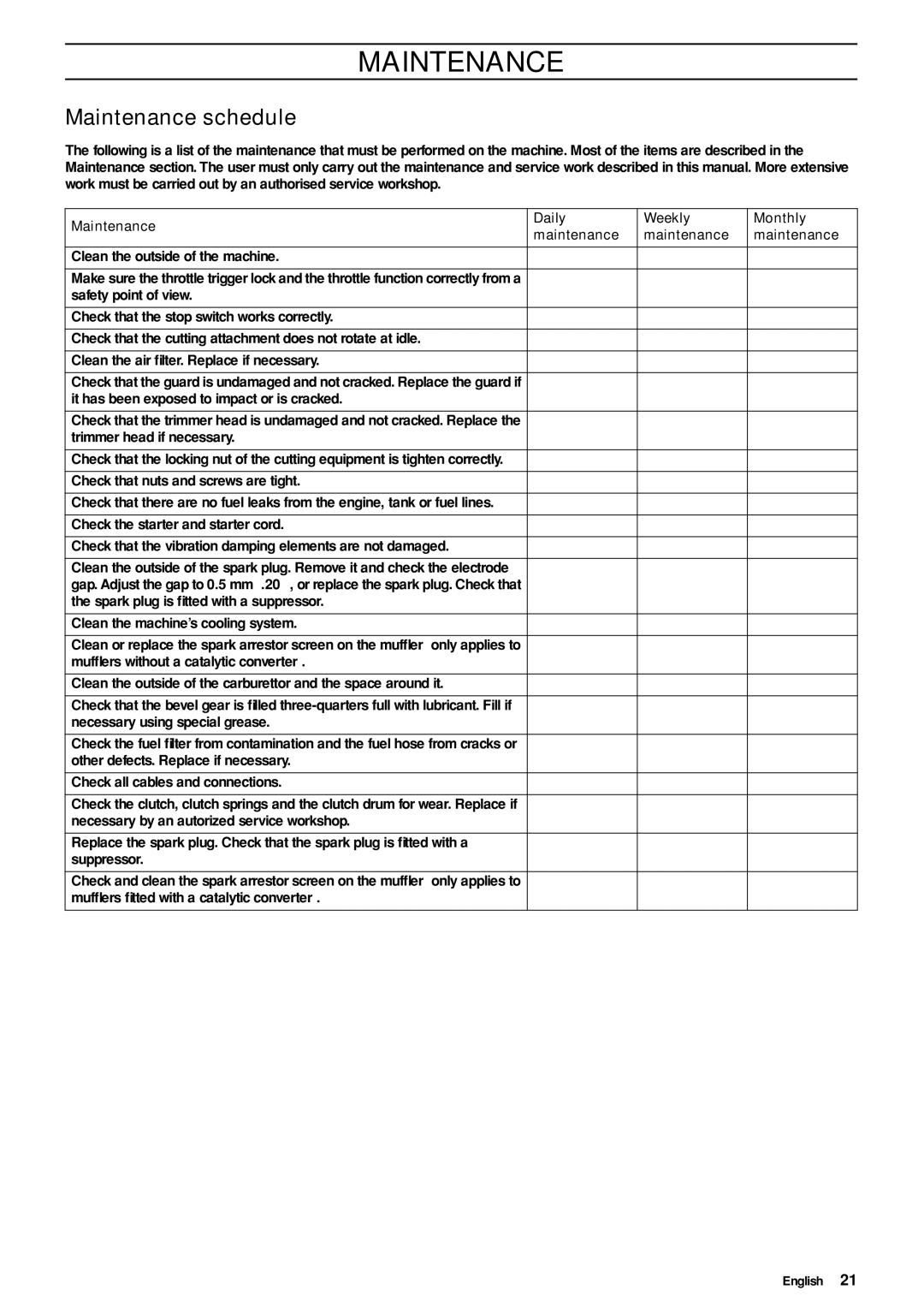 Husqvarna 335RJx manual Maintenance schedule, Maintenance Daily Weekly Monthly 