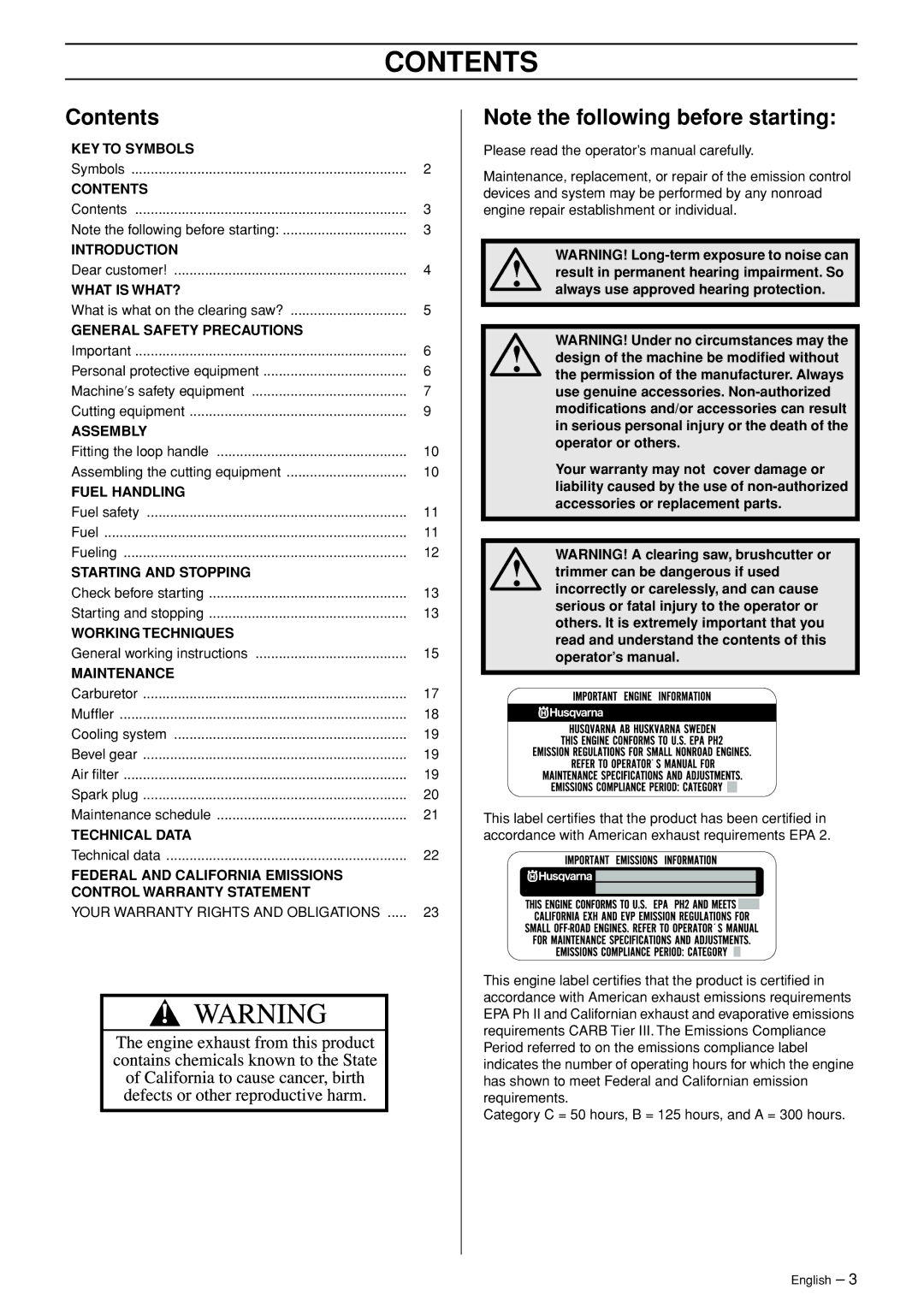 Husqvarna 335RJx manual Contents 